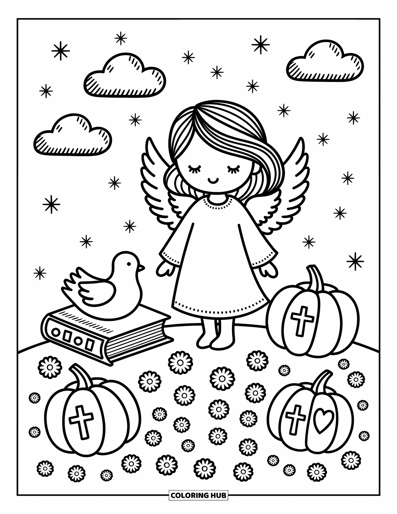 Christian Halloween Coloring Page for Adults: A gentle angel smiles beside a dove resting on an open Bible