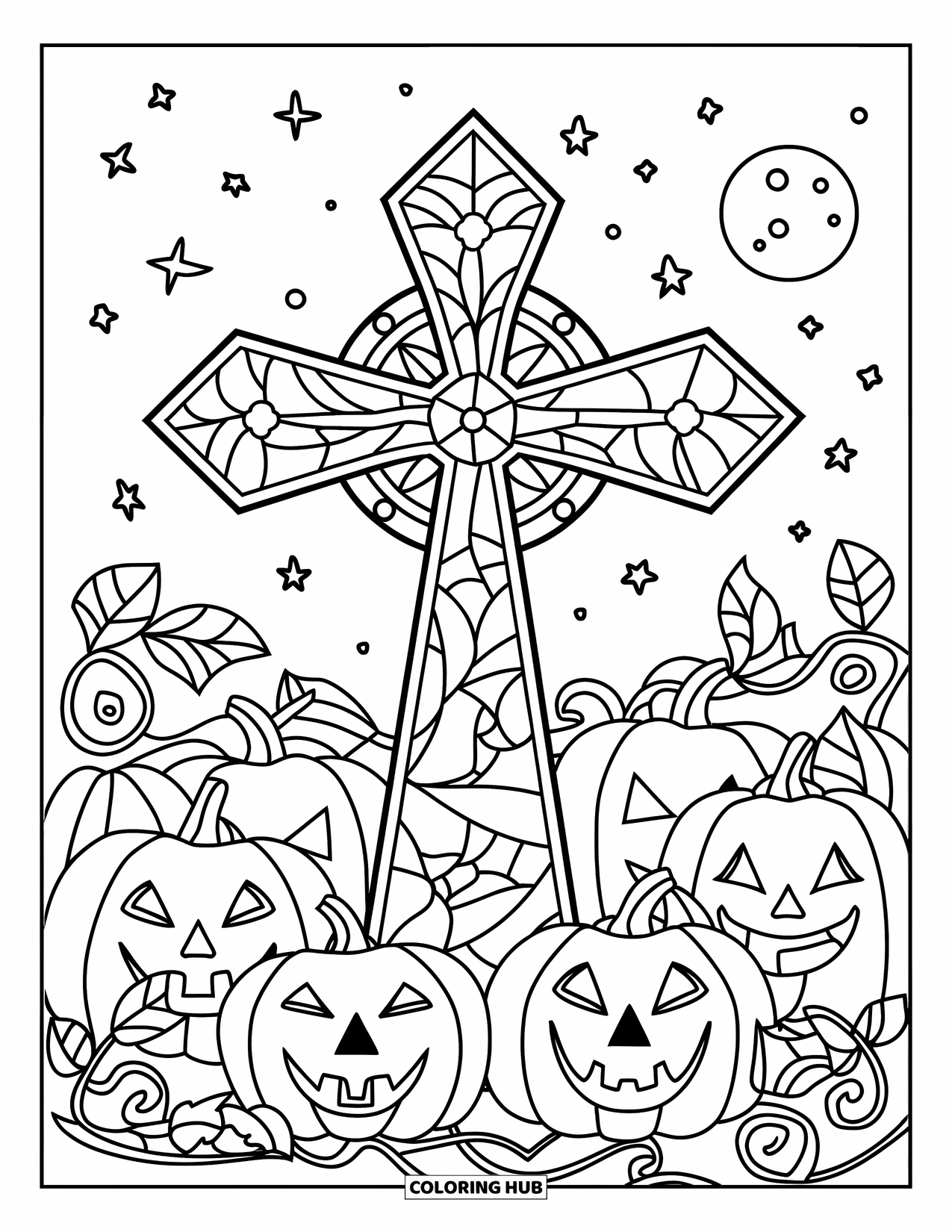 Christian Halloween Coloring Page for Adults: A stained glass cross stands among pumpkins under a full moon