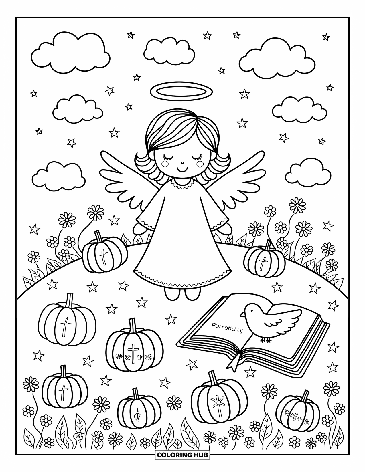 Christian Halloween Coloring Page for Adults: An angel and dove stand together among pumpkins and wildflowers