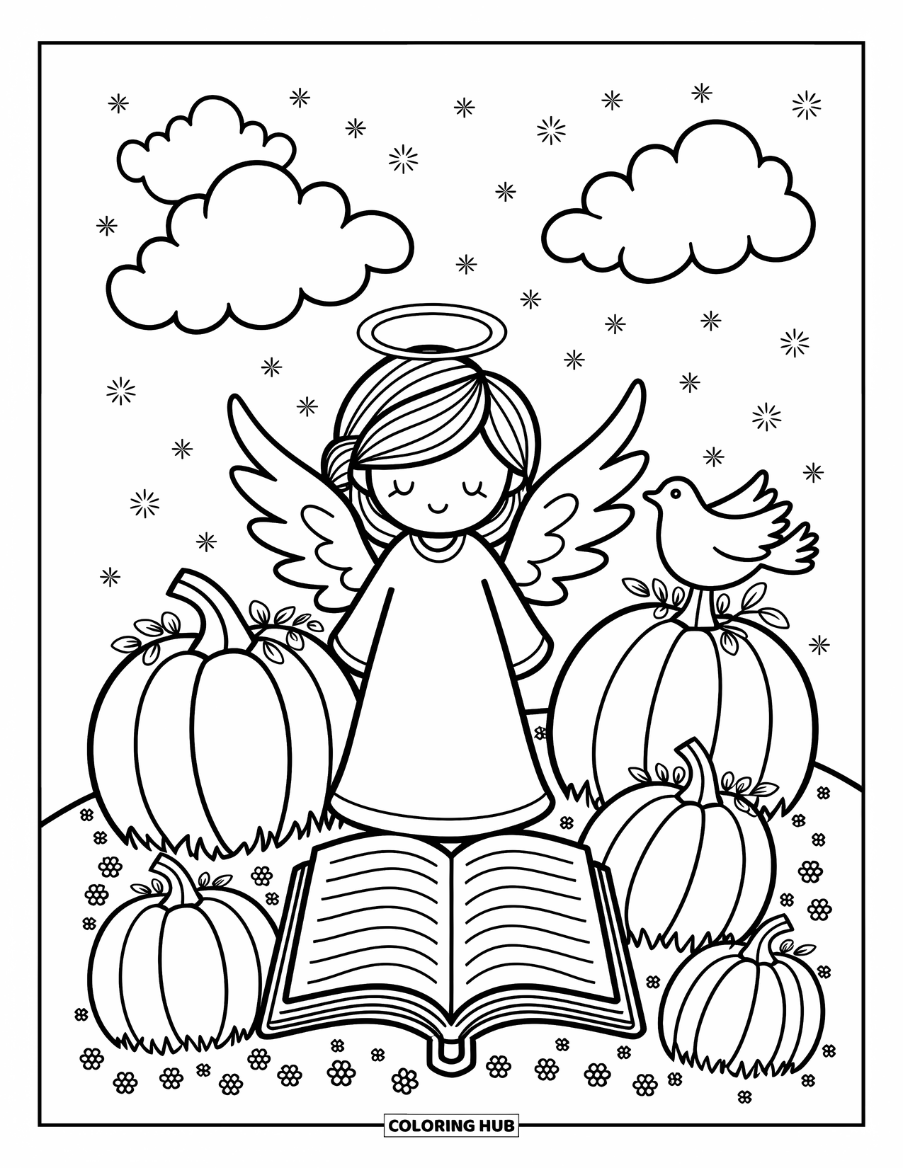 Christian Halloween Coloring Page for Adults: An angel with soft wings stands near a Bible and faith-carved pumpkins