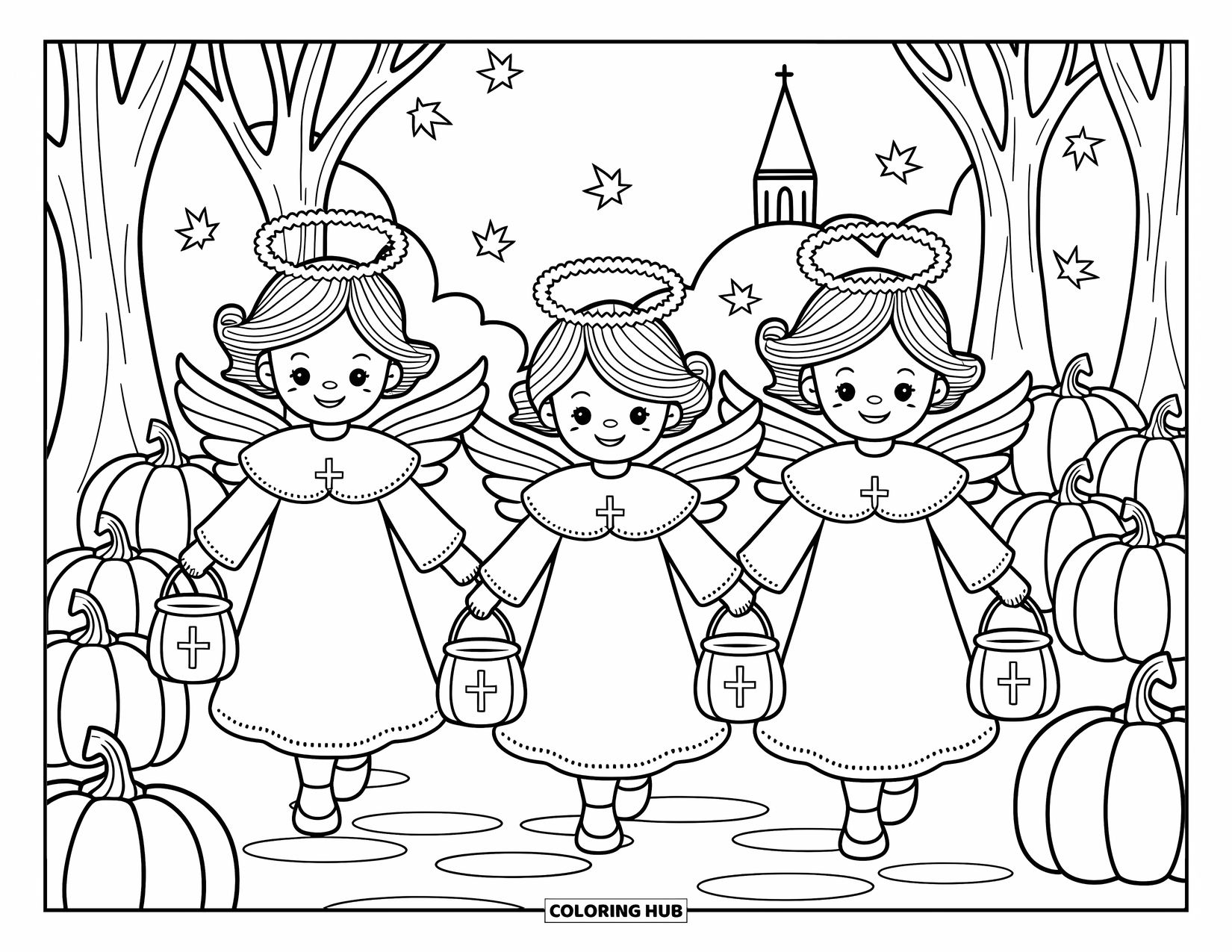 Christian Halloween Coloring Page for Adults: Angel children stroll along a lantern-lit path under falling autumn leaves