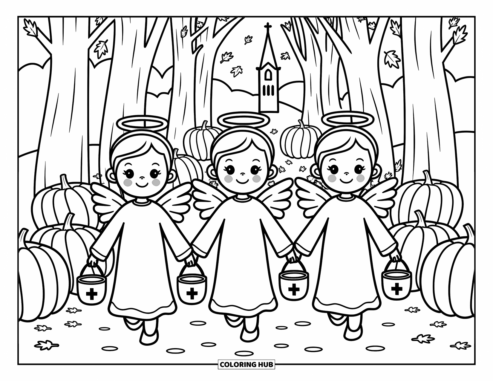 Christian Halloween Coloring Page for Adults: Angel kids walk hand in hand past pumpkins and trees with falling leaves