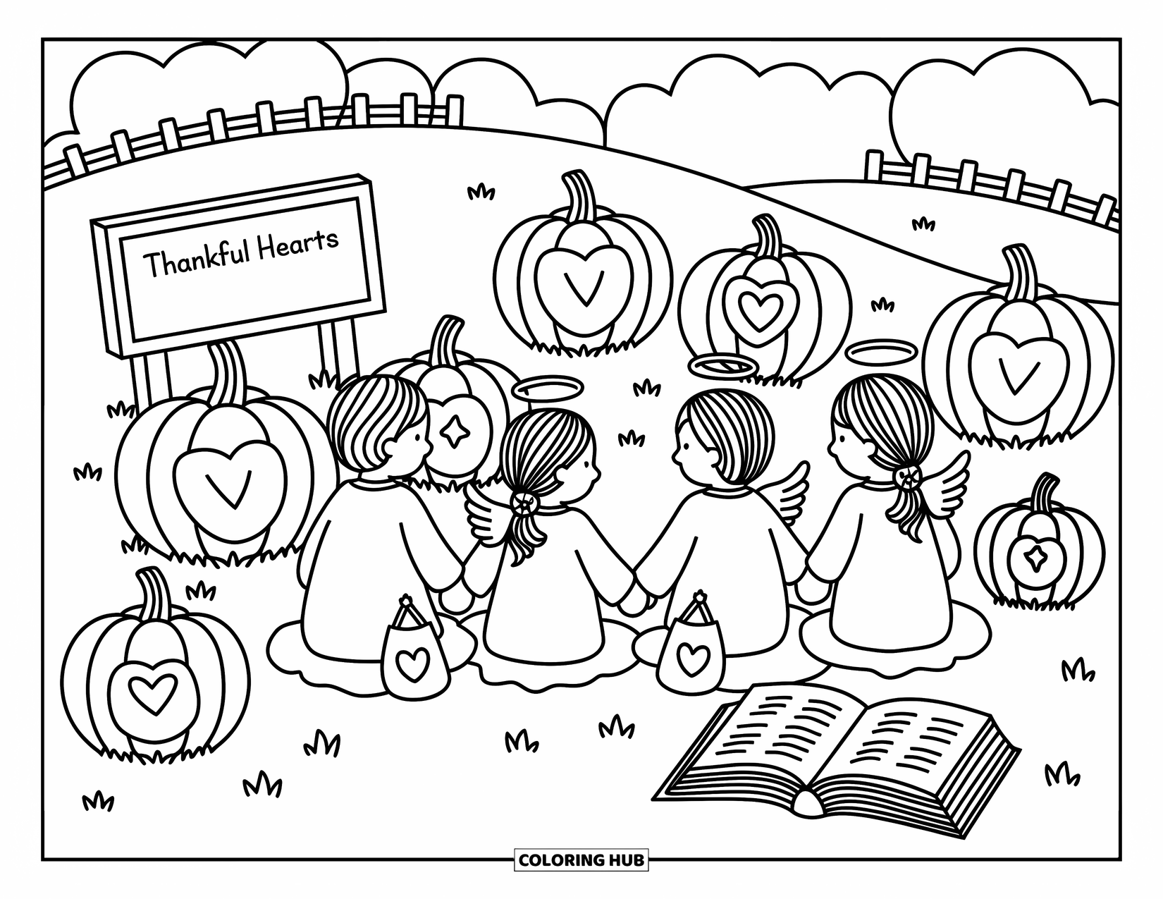 Christian Halloween Coloring Page for Adults: Children dressed as angels pray together in a peaceful pumpkin patch