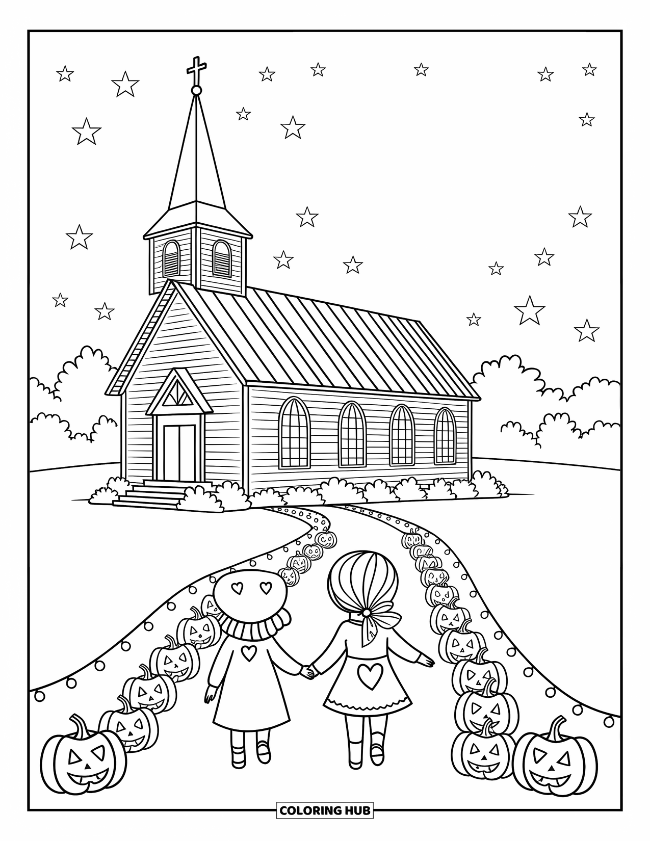 Christian Halloween Coloring Page for Adults: Children in costumes approach a glowing church filled with light and joy