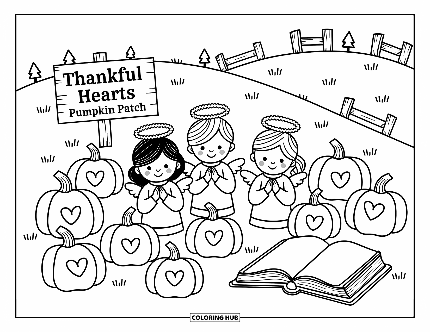Christian Halloween Coloring Page for Adults: Kids with angel wings hold hands in prayer beside pumpkins and a Bible