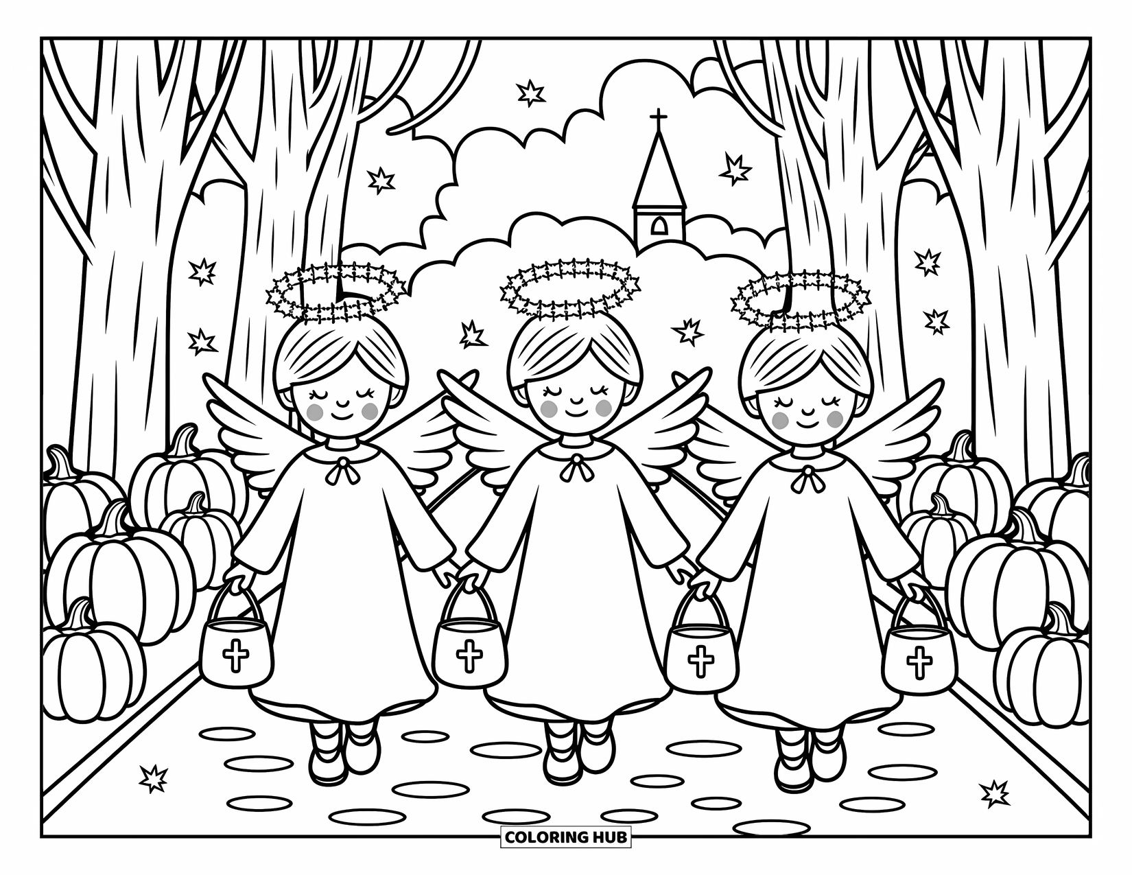 Christian Halloween Coloring Page for Adults: Three angel children walk down a cobblestone path lined with glowing pumpkins