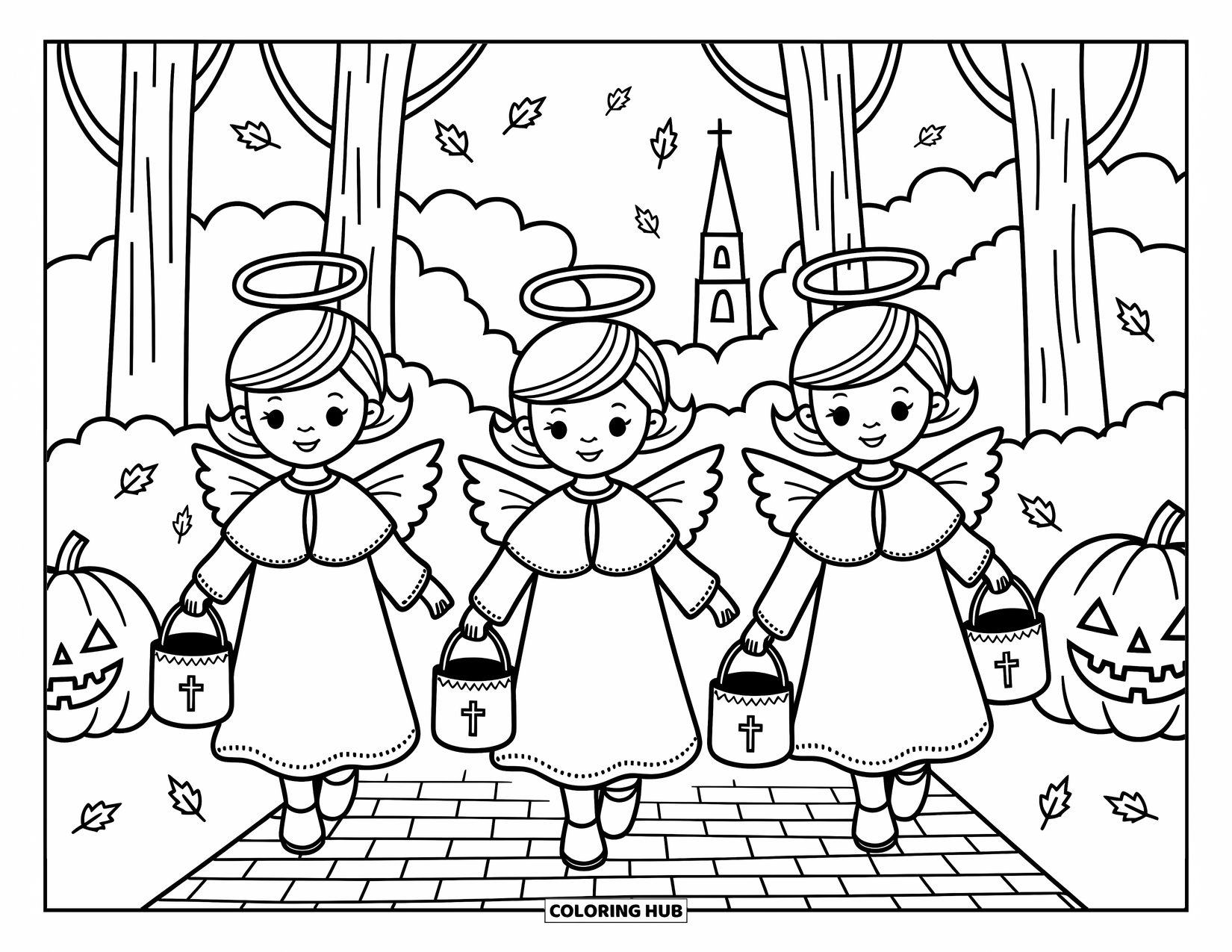 Christian Halloween Coloring Page for Adults: Three angels walk joyfully past glowing pumpkins toward a distant church