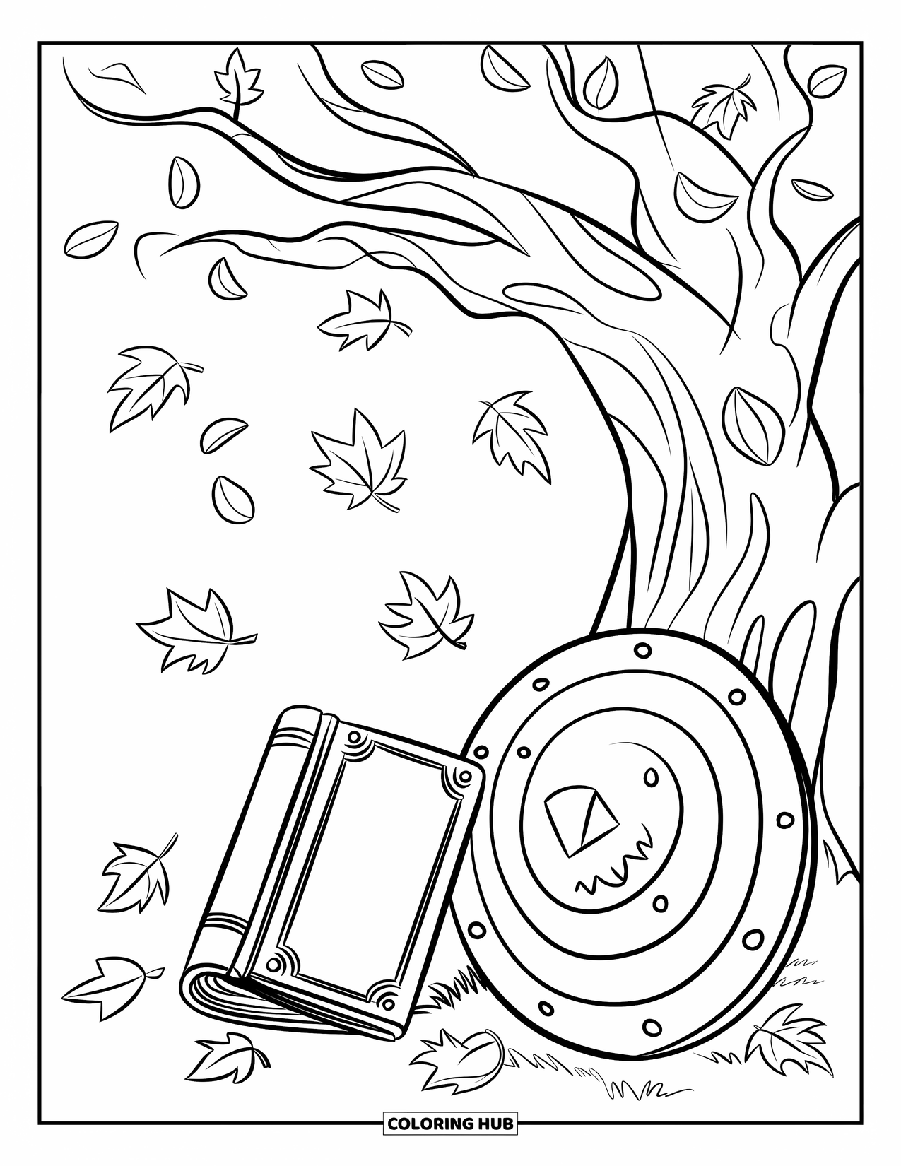 Christian Halloween Coloring Page for Kids: A Bible and shield rest quietly in a forest of falling leaves
