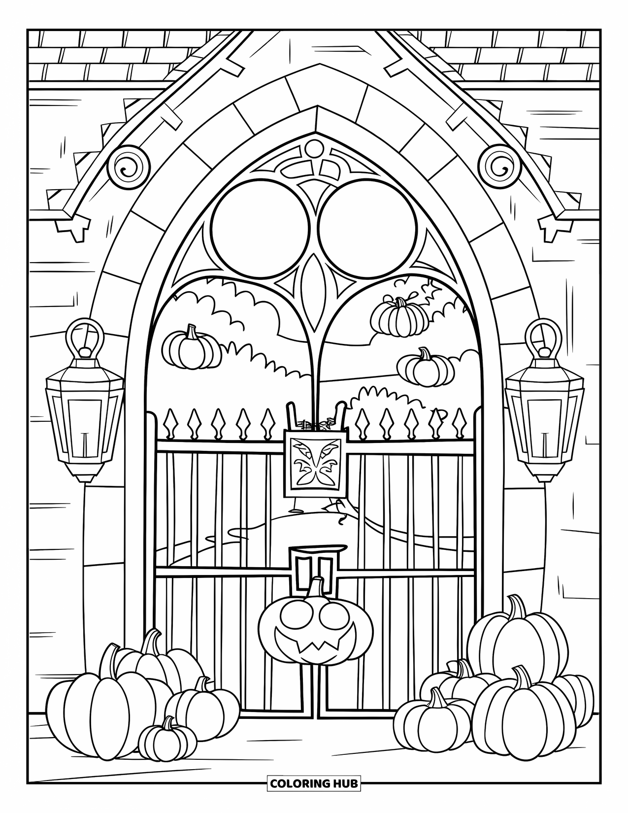 Christian Halloween Coloring Page for Kids: A chapel gate glows with lanterns and pumpkins for Halloween night