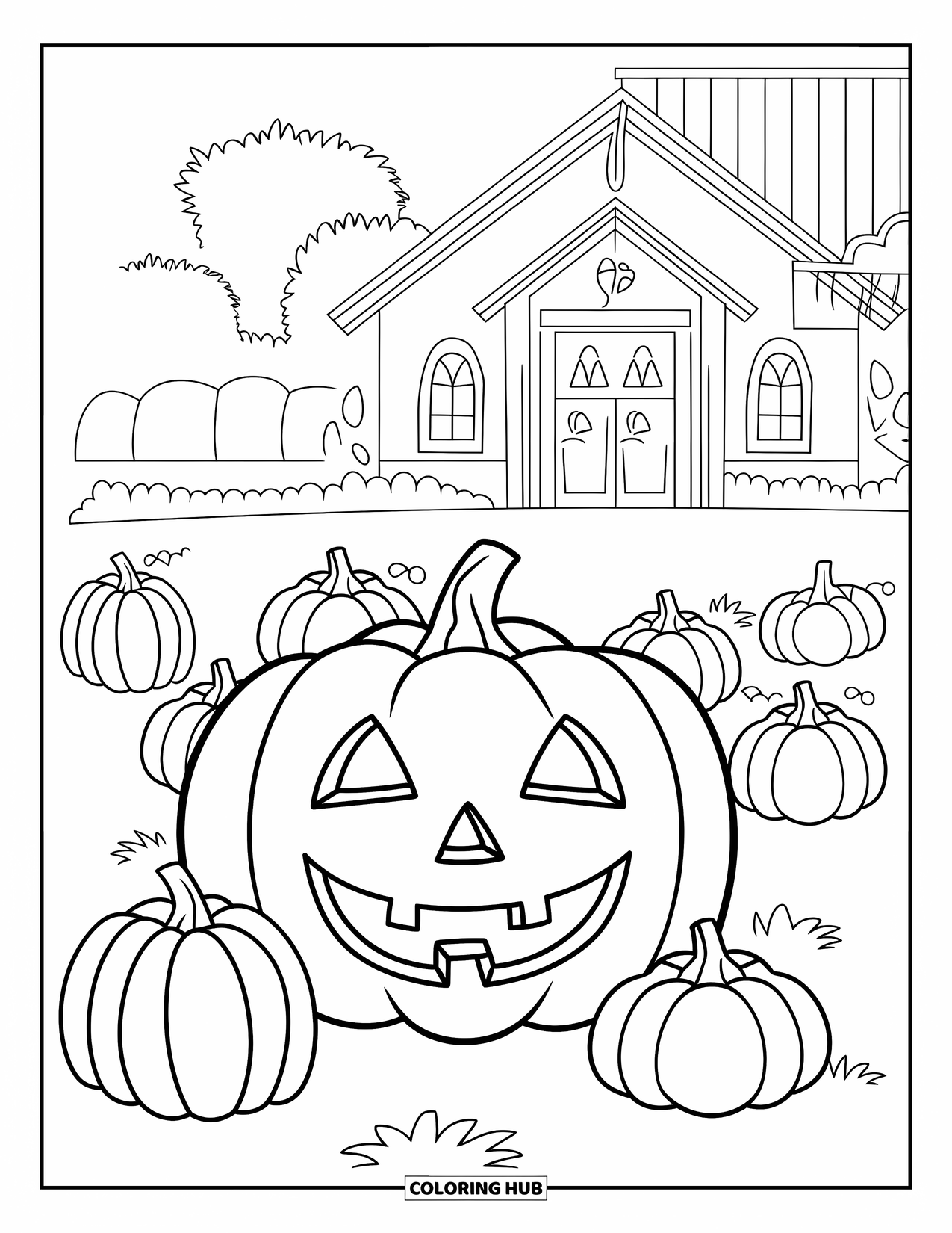 Christian Halloween Coloring Page for Kids: A cheerful church surrounded by pumpkins glows on Halloween night