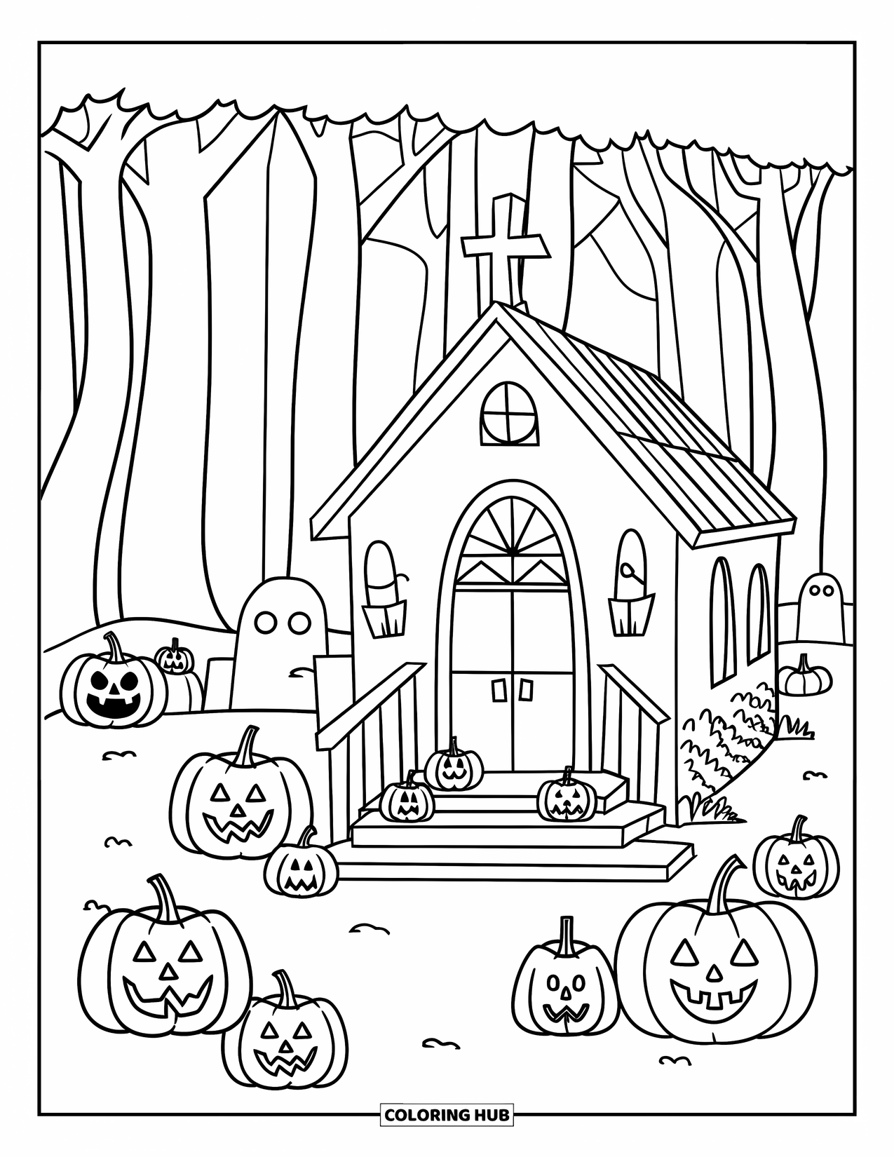Christian Halloween Coloring Page for Kids: A cheerful church with pumpkins and trees glows under the stars