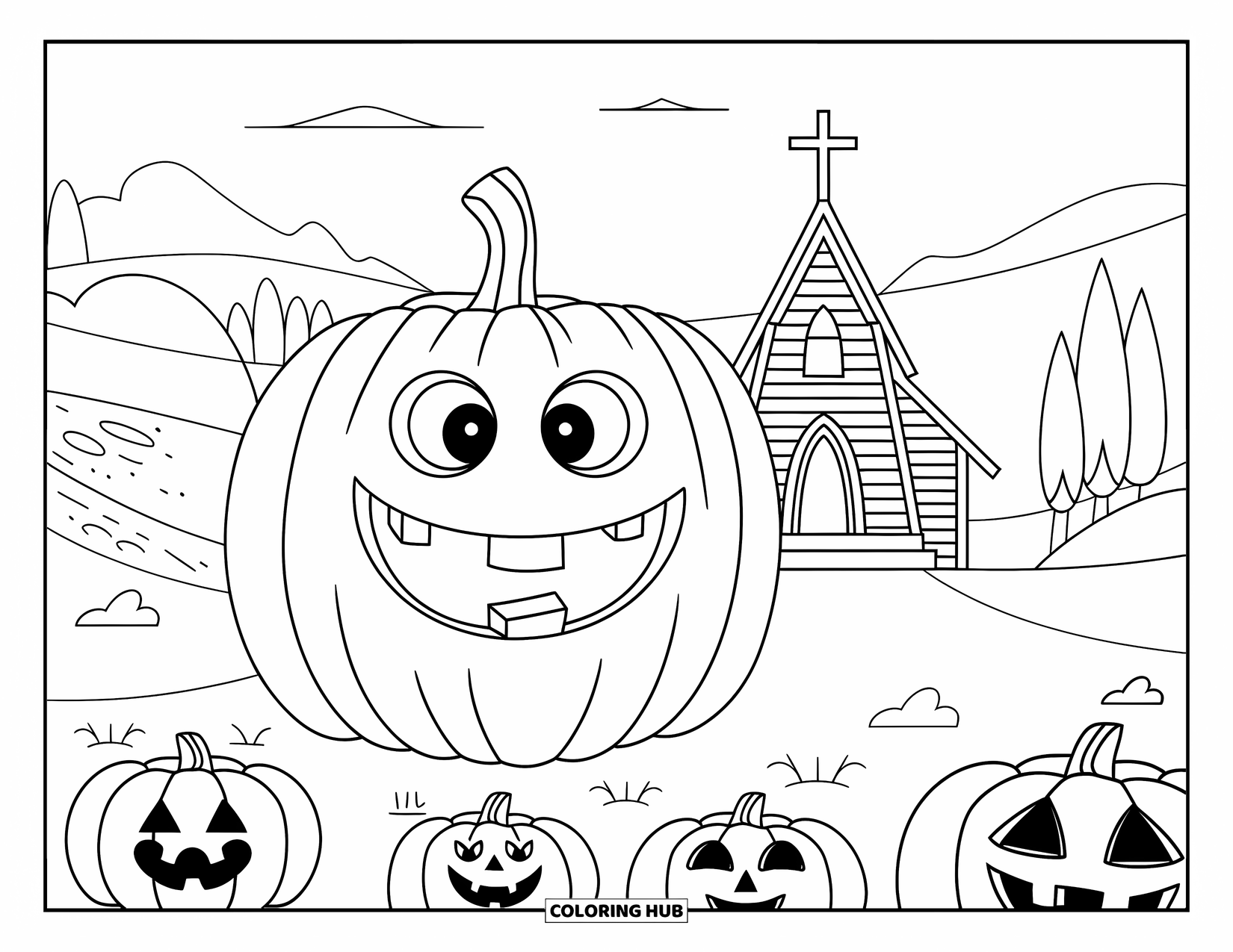 Christian Halloween Coloring Page for Kids: A cheerful jack-o'-lantern glows near a church path