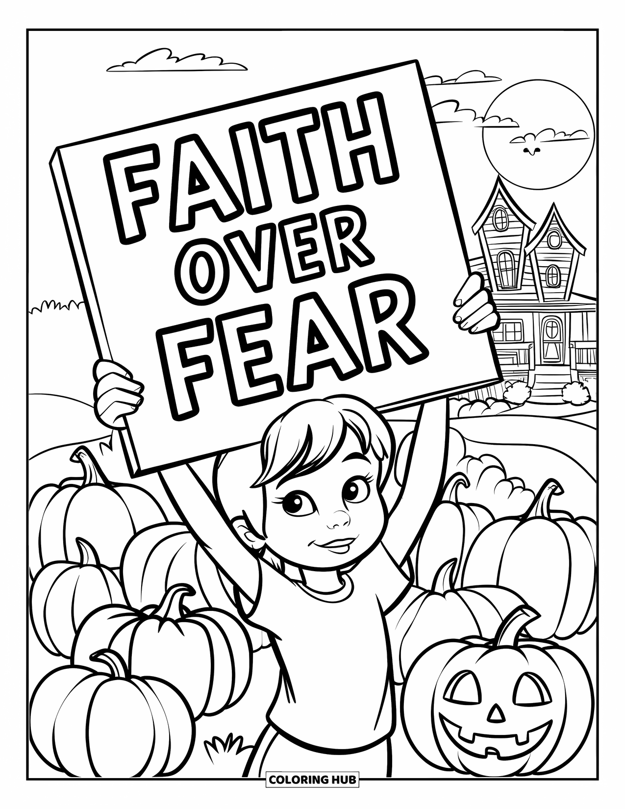 Christian Halloween Coloring Page for Kids: A child stands among pumpkins holding a "Faith Over Fear" sign