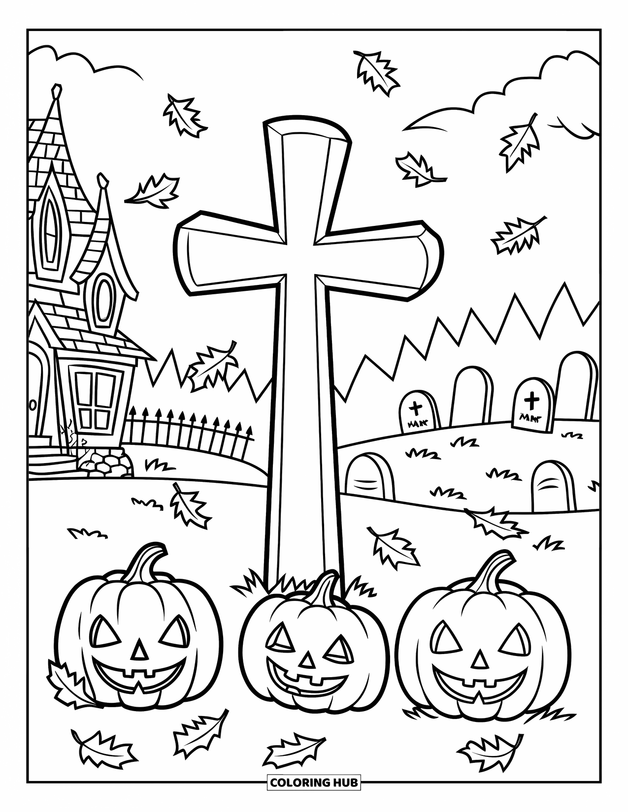 Christian Halloween Coloring Page for Kids: A cross glows gently above pumpkins and leaves on Halloween night