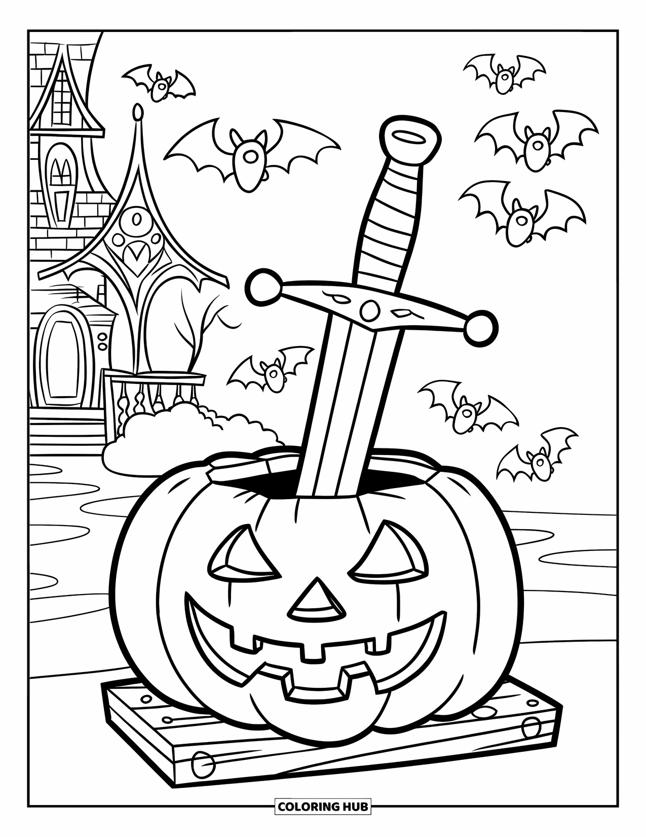 Christian Halloween Coloring Page for Kids: A shining sword pierces a pumpkin carved with the word "Faith"
