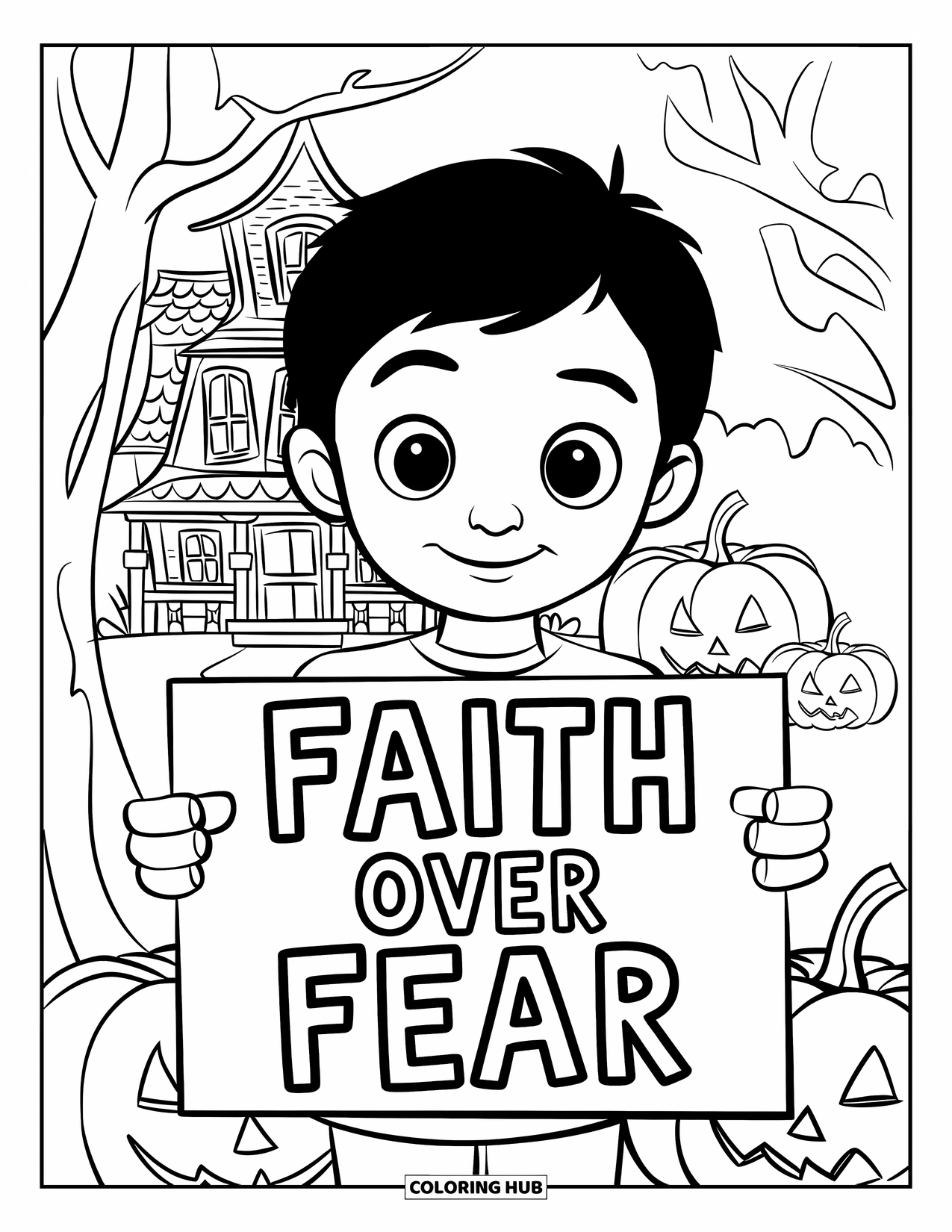 Christian Halloween Coloring Page for Kids: A smiling child holds a "Faith Over Fear" sign near bright pumpkins