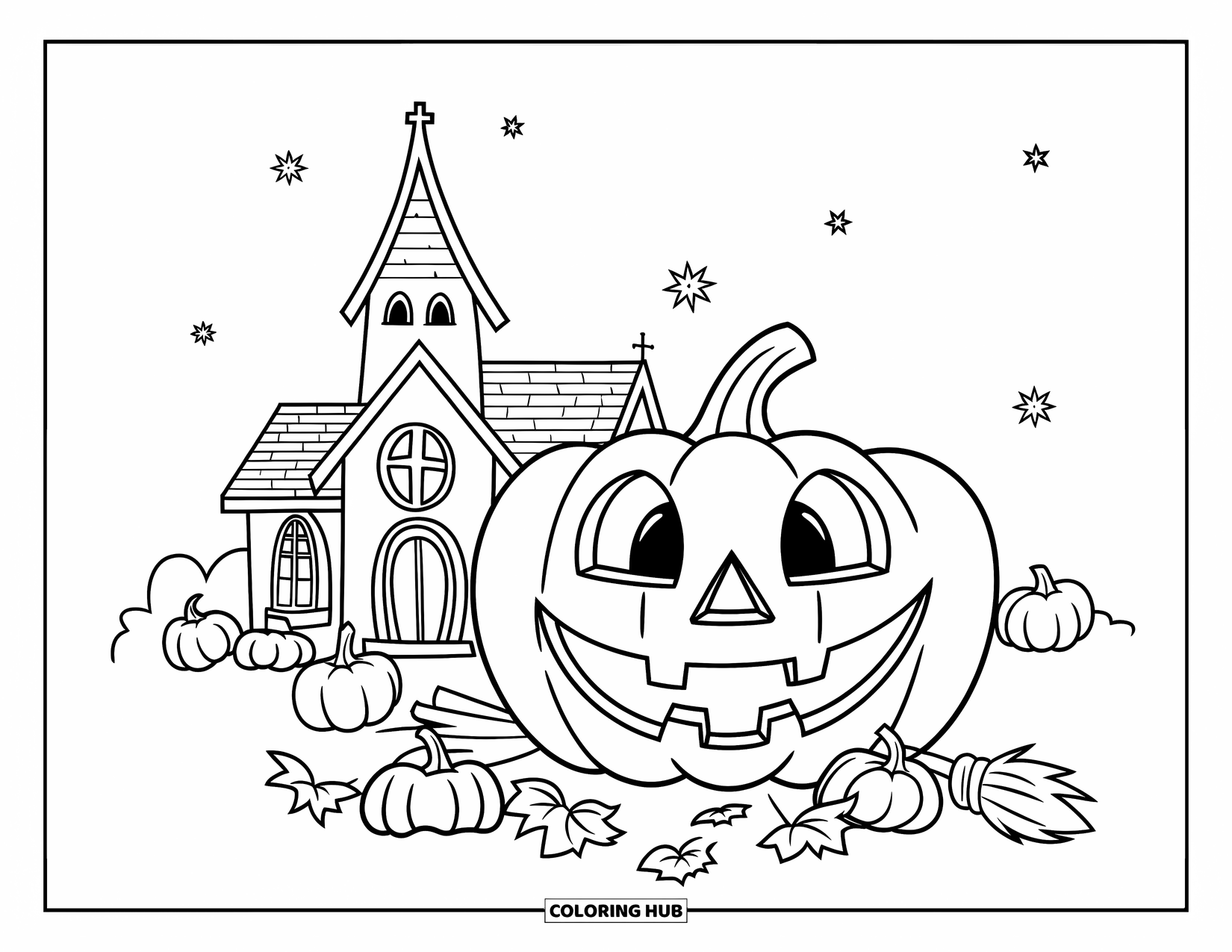 Christian Halloween Coloring Page for Kids: A smiling jack-o'-lantern sits beside a church under a starry sky
