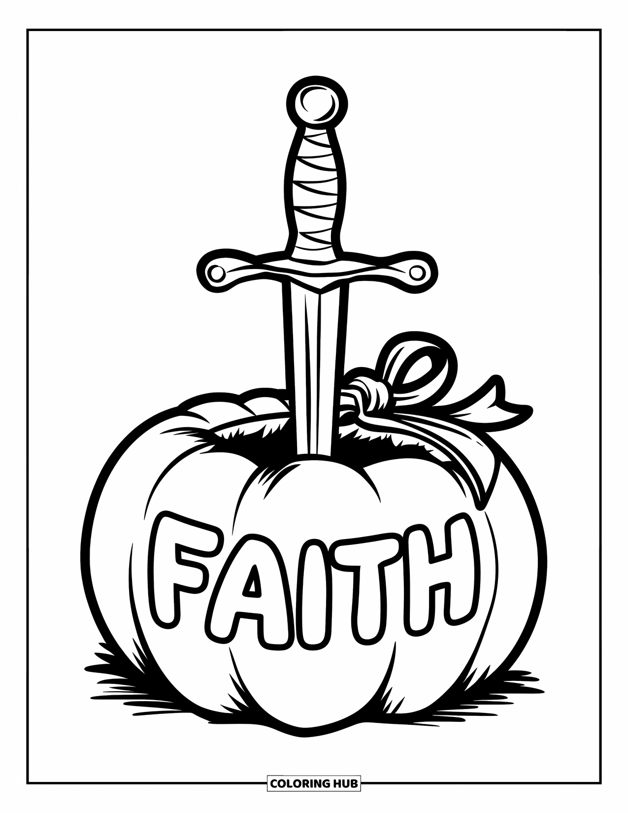 Christian Halloween Coloring Page for Kids: A sword marked "Faith" stands proudly in a carved pumpkin