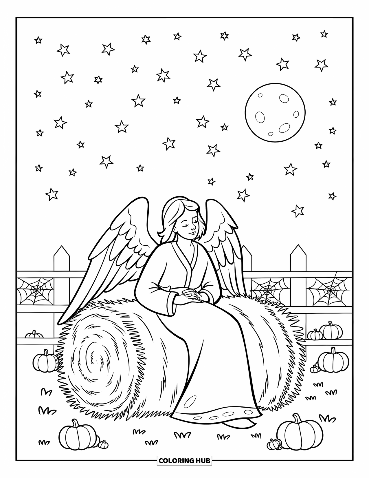 Christian Halloween Coloring Page for Kids: An angel sits on a hay bale surrounded by glowing pumpkins
