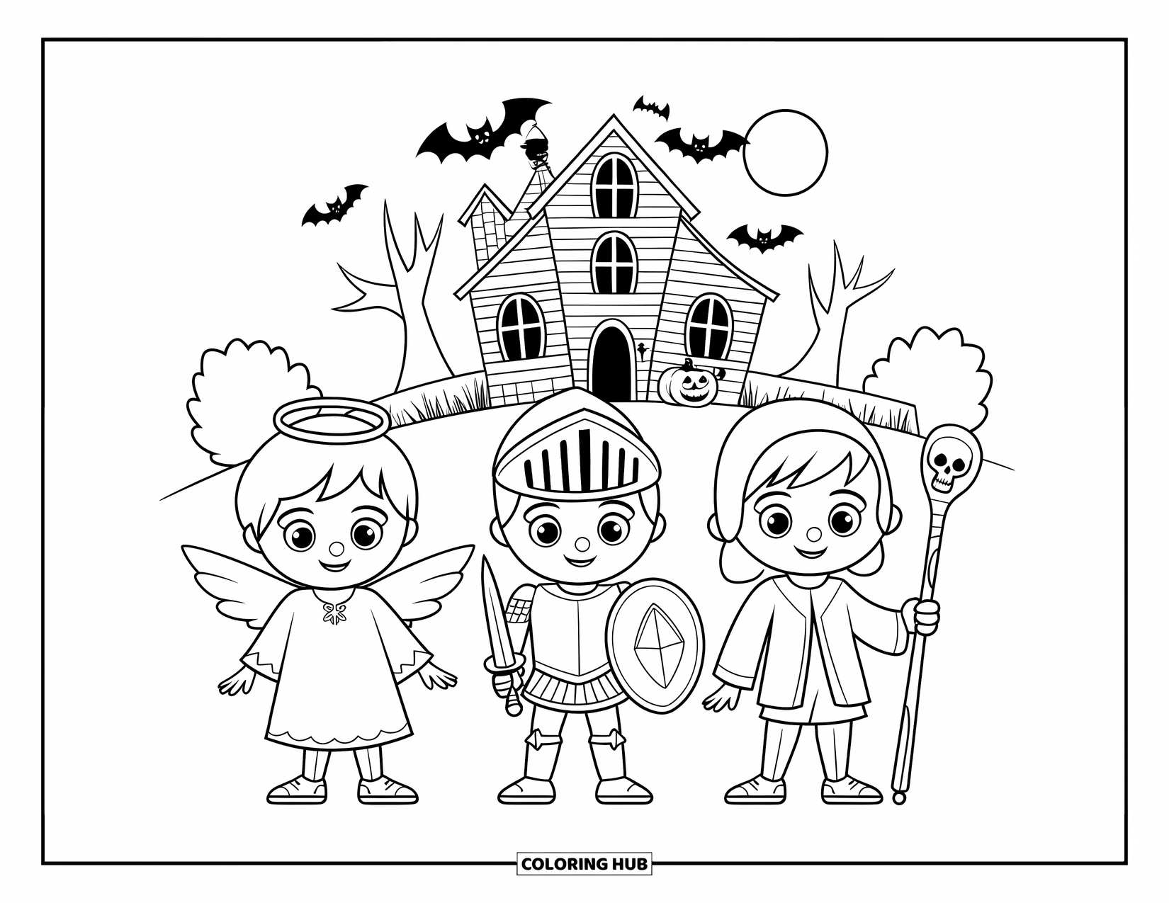 Christian Halloween Coloring Page for Kids: Kids dressed as an angel, knight, and shepherd trick-or-treat together