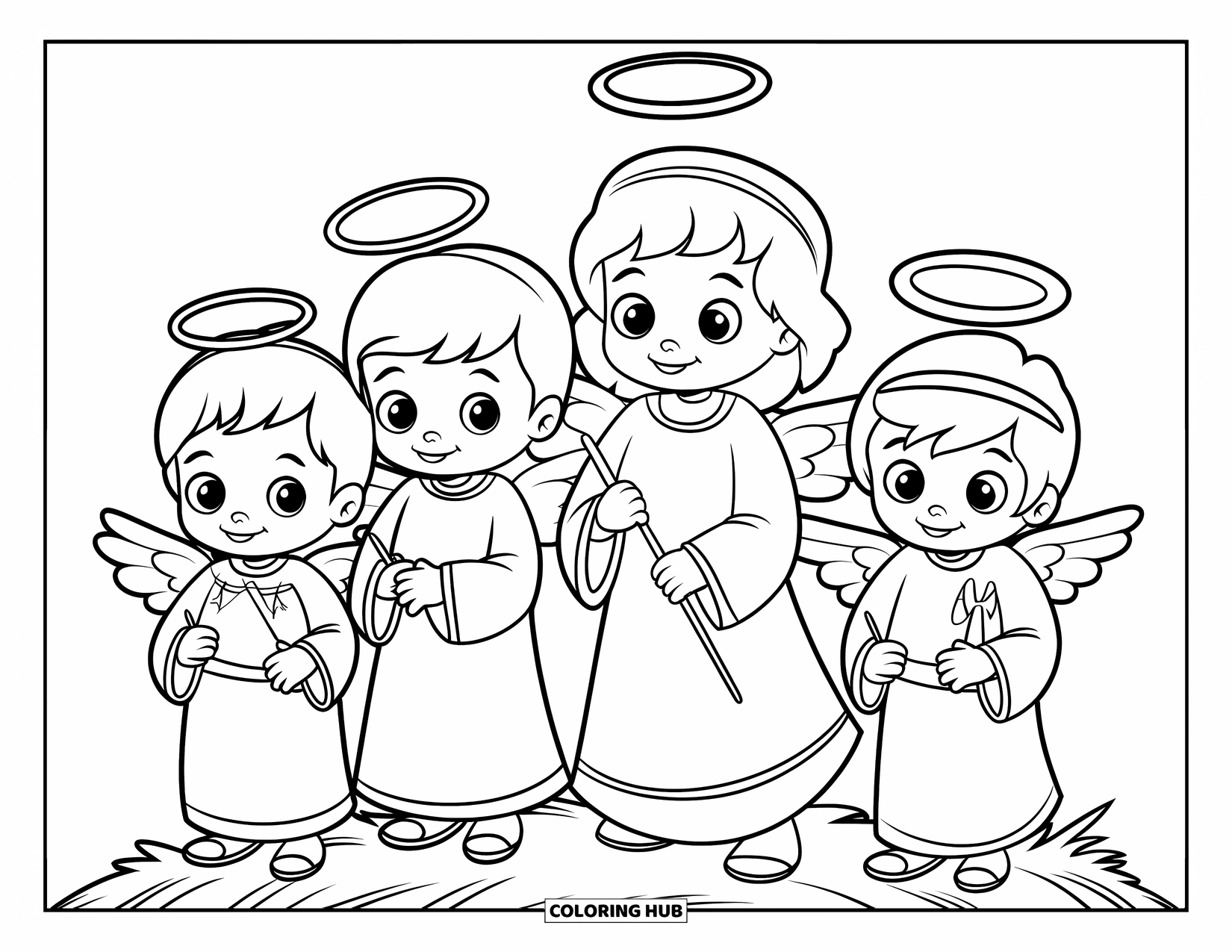 Christian Halloween Coloring Page for Kids: Little angels and shepherds sit on a haystack on a quiet farm
