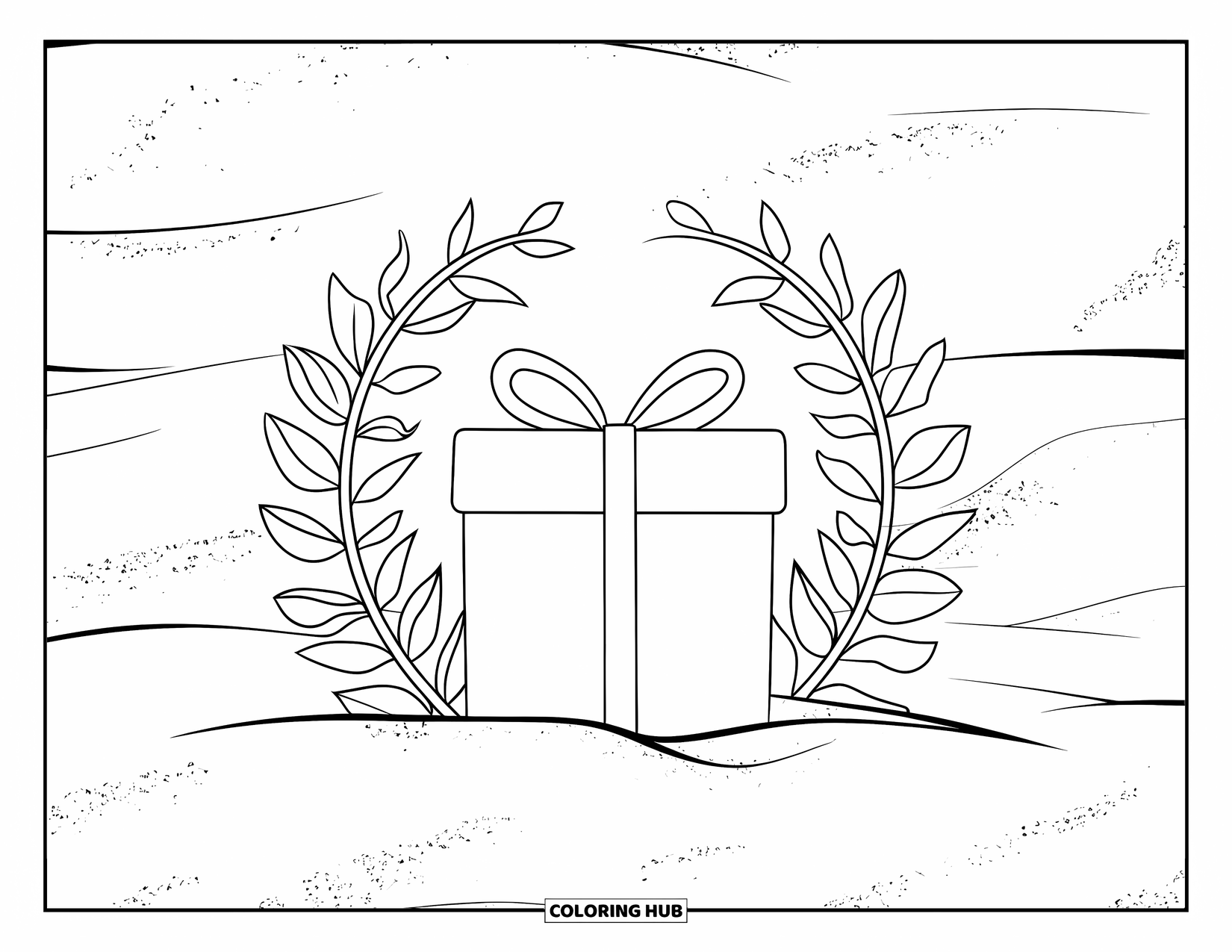 Christmas In July Coloring Page for Adults: A gift box peeks from sand framed by leaves and delicate flowers