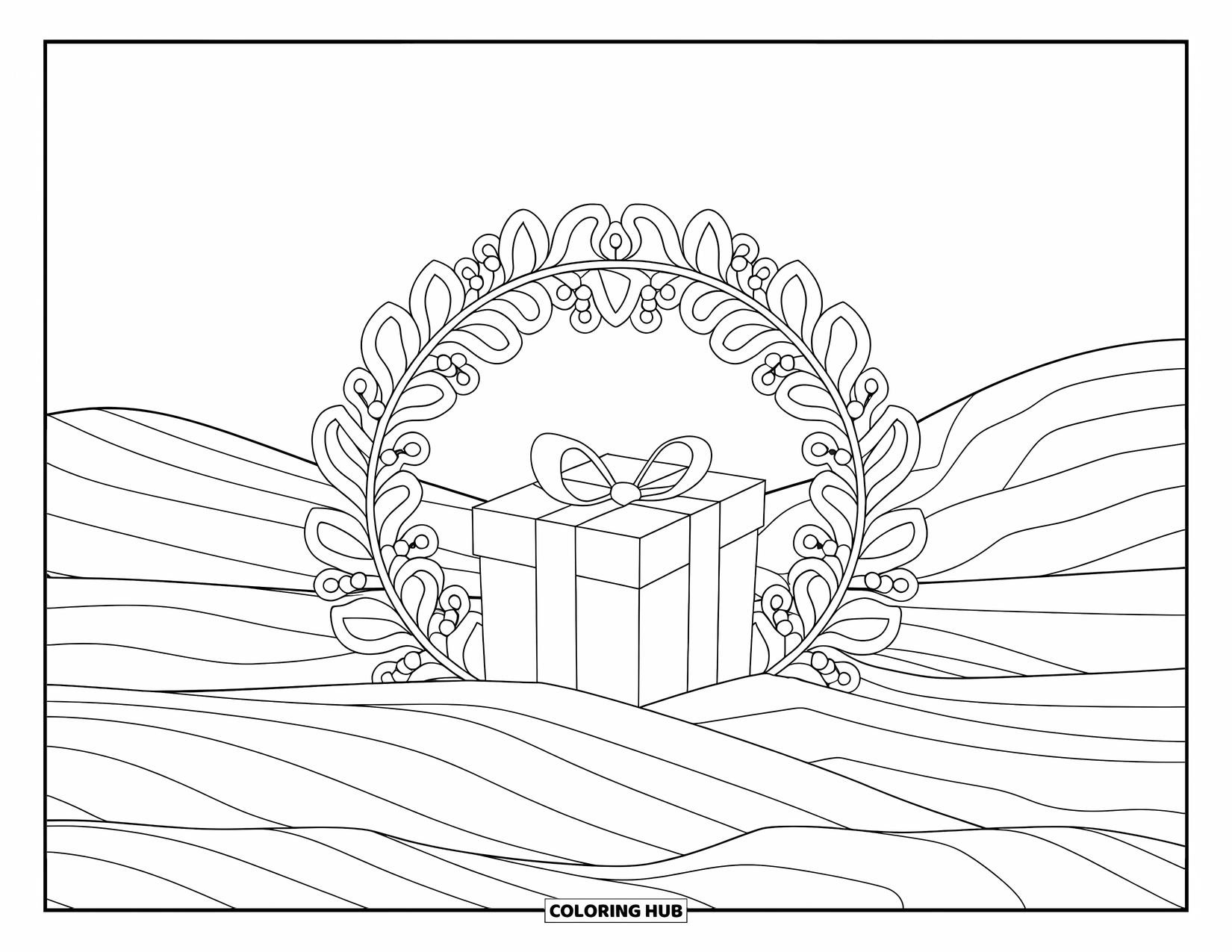 Christmas In July Coloring Page for Adults: A half-buried gift sits in sand surrounded by a botanical border