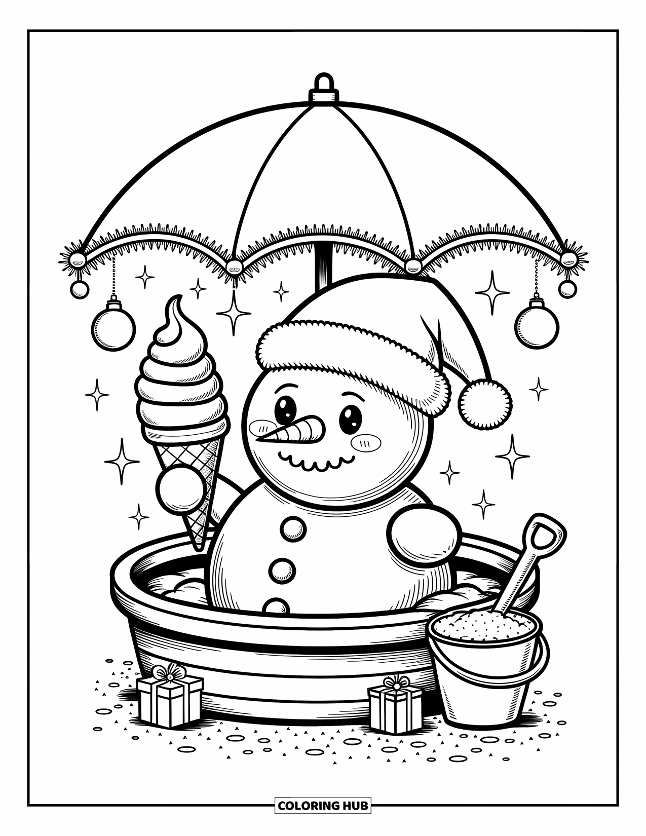 Christmas In July Coloring Page for Adults: A jolly ice cream snowman sits by the beach holding a soft-serve cone