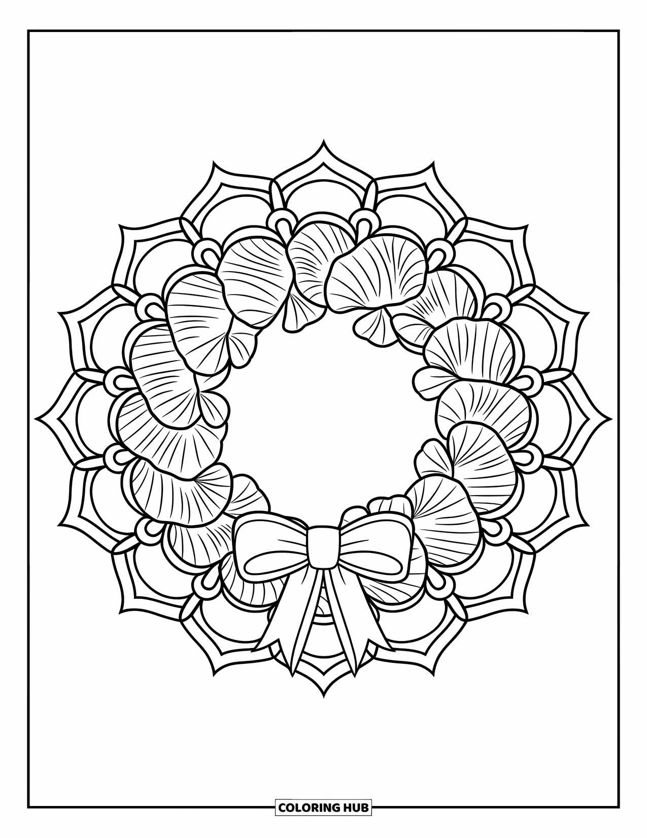 Christmas In July Coloring Page for Adults: A mandala surrounds a seashell wreath tied with a ribbon bow