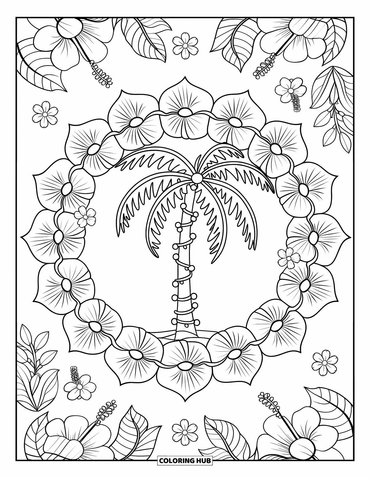 Christmas In July Coloring Page for Adults: A palm tree wrapped in lights stands amid a hibiscus flower mandala