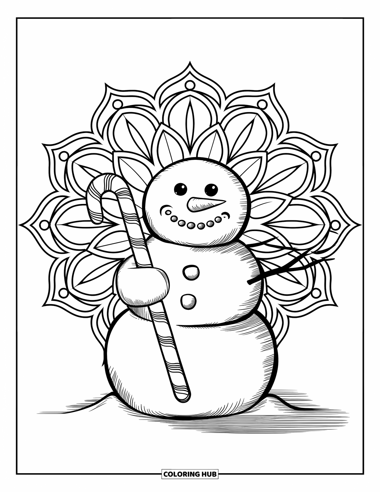Christmas In July Coloring Page for Adults: A sand snowman stands in the center of a floral mandala design