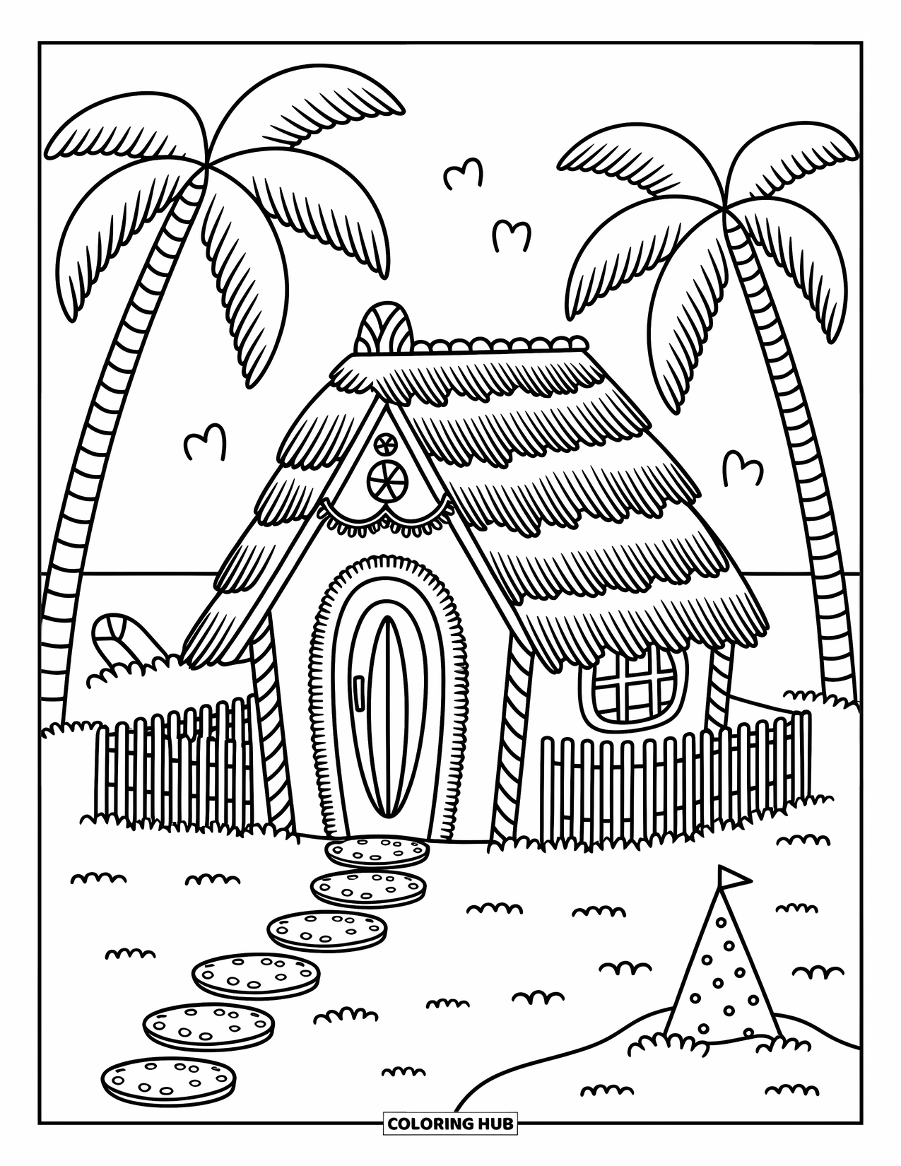 Christmas In July Coloring Page for Adults: A tropical gingerbread house with a thatched cookie roof rests on sandy ground