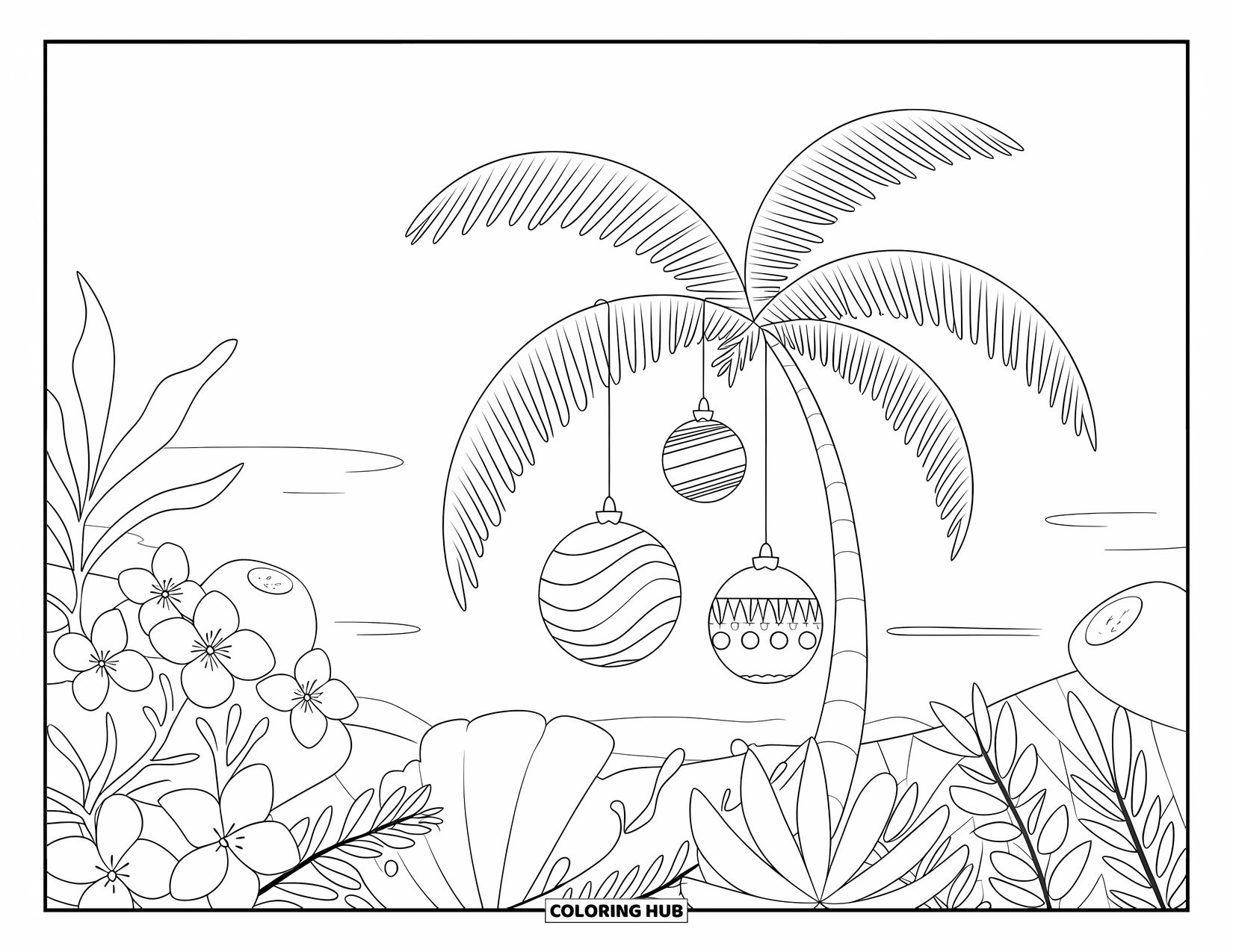 Christmas In July Coloring Page for Adults: Hanging ornaments and florals frame a peaceful palm tree under a clear sky
