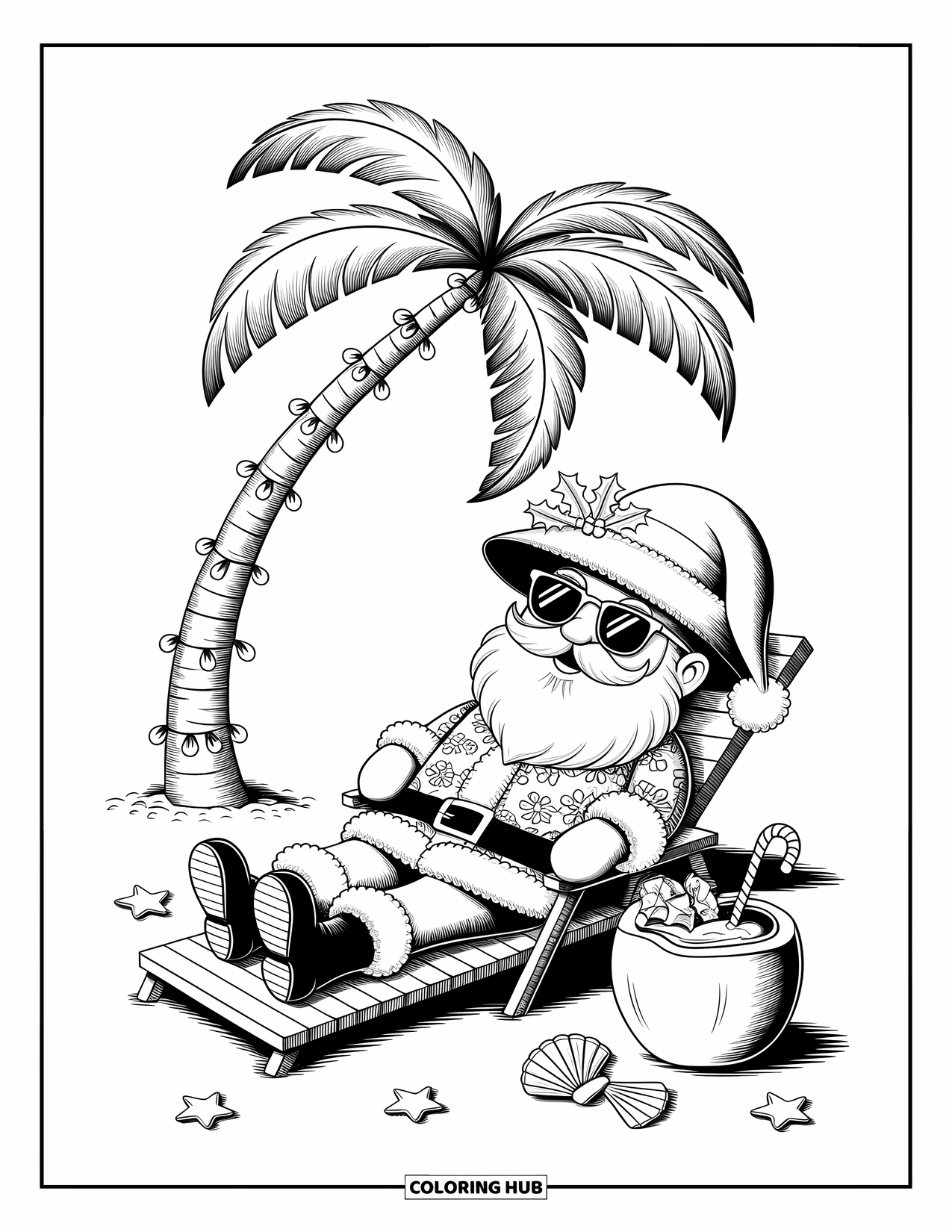 Christmas In July Coloring Page for Adults: Santa enjoys the sun in a beach chair beneath twinkling lights and palms