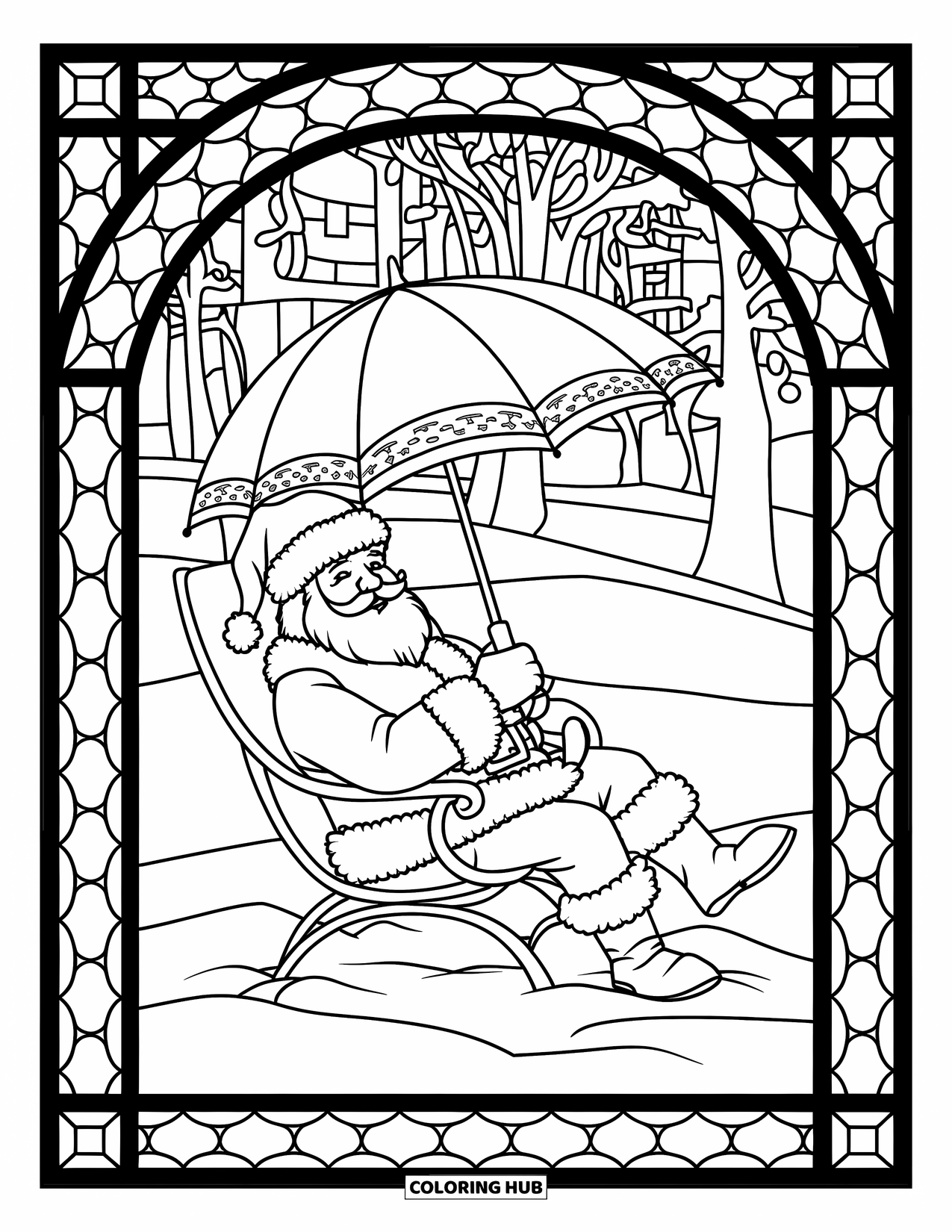 Christmas In July Coloring Page for Adults: Santa relaxes beneath an umbrella framed by trees and stained glass