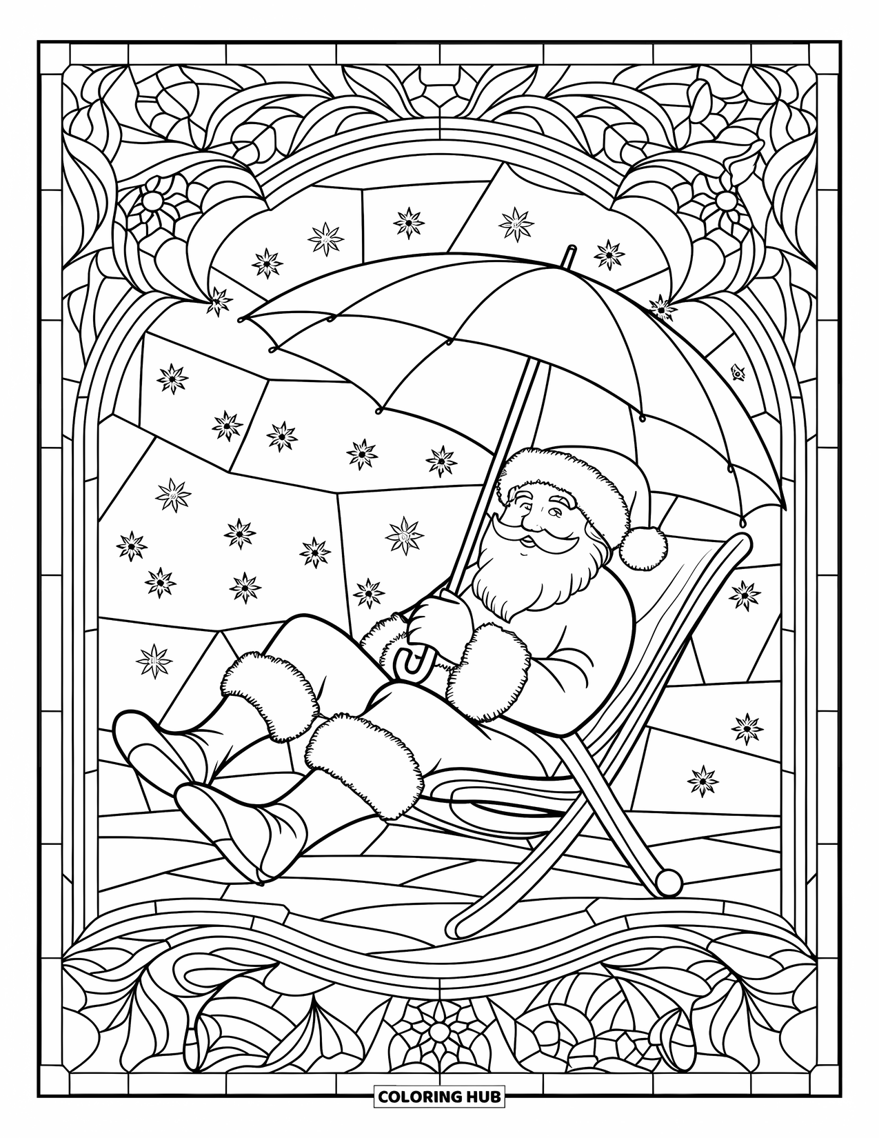 Christmas In July Coloring Page for Adults: Santa relaxes beneath intricate stained glass patterns and snowy trees