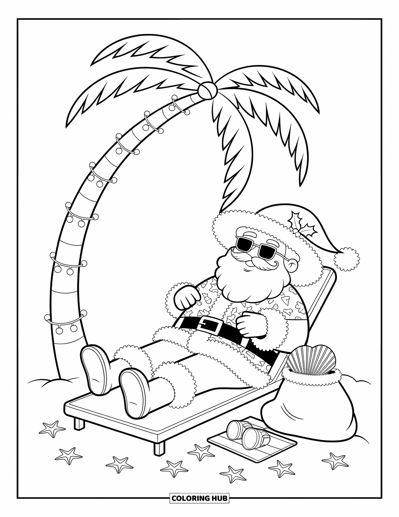 Christmas In July Coloring Page for Adults: Santa relaxes under a palm tree wearing sunglasses and a Hawaiian shirt