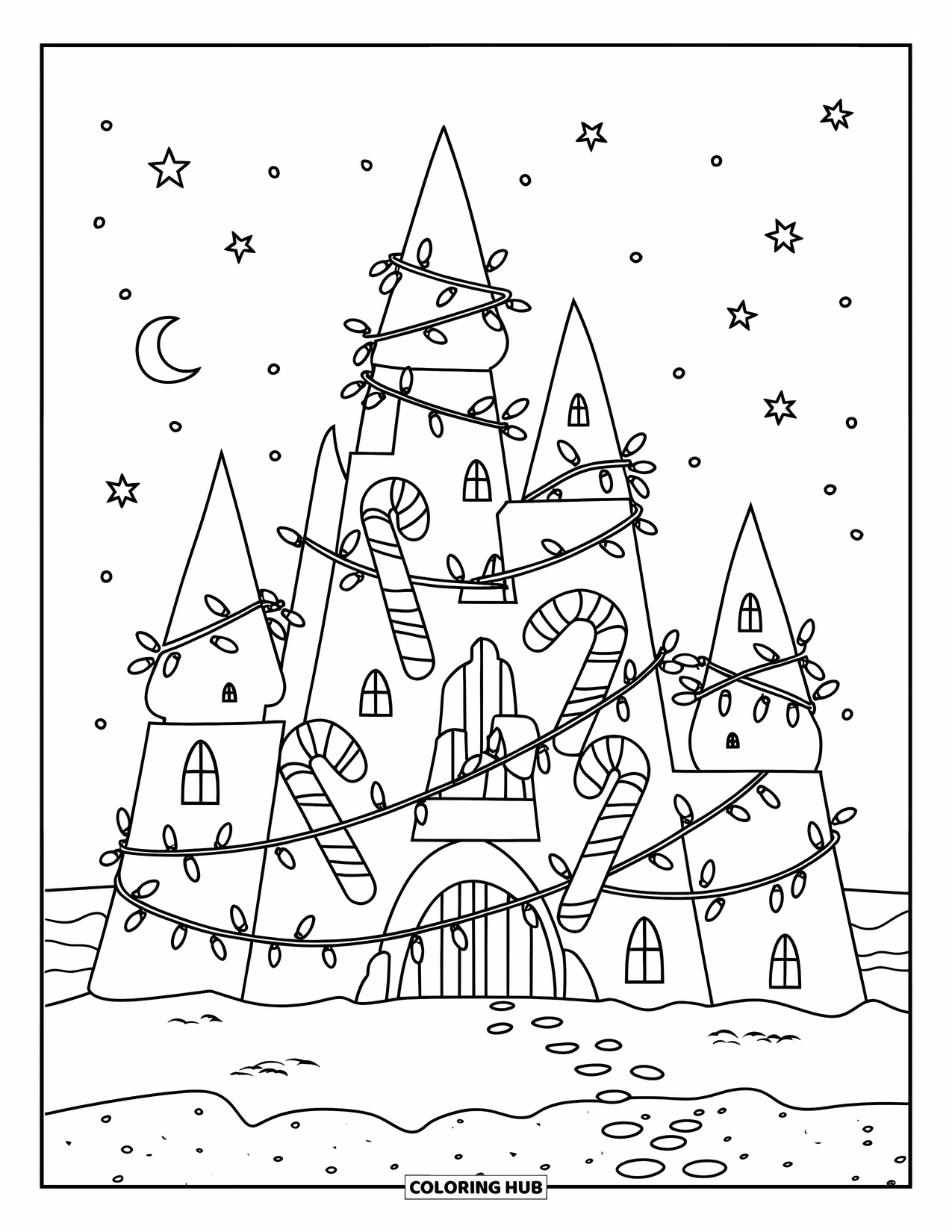 Christmas In July Coloring Page for Kids: A beach sandcastle decorated with candy canes and twinkling lights