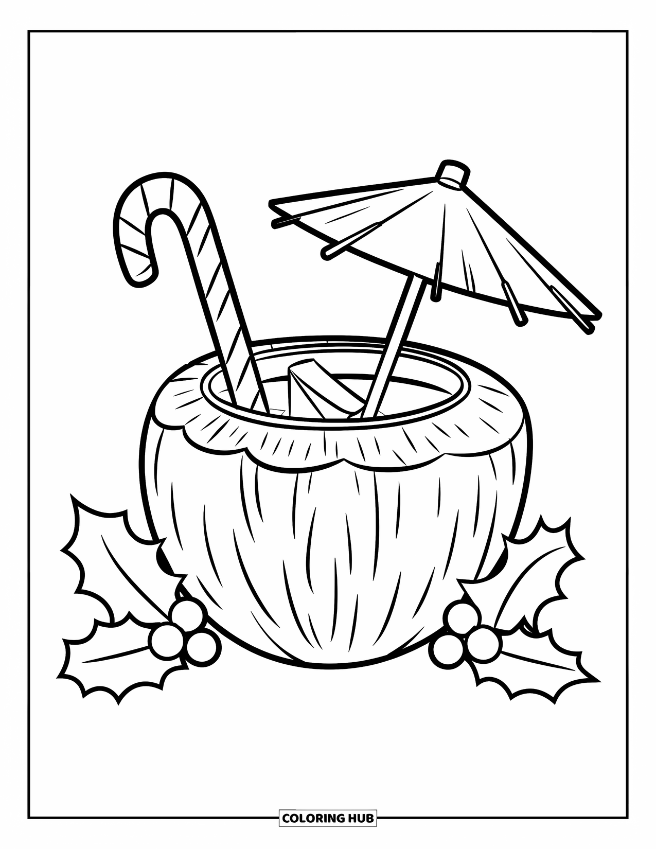 Christmas In July Coloring Page for Kids: A coconut drink with holly and a candy cane under a palm tree