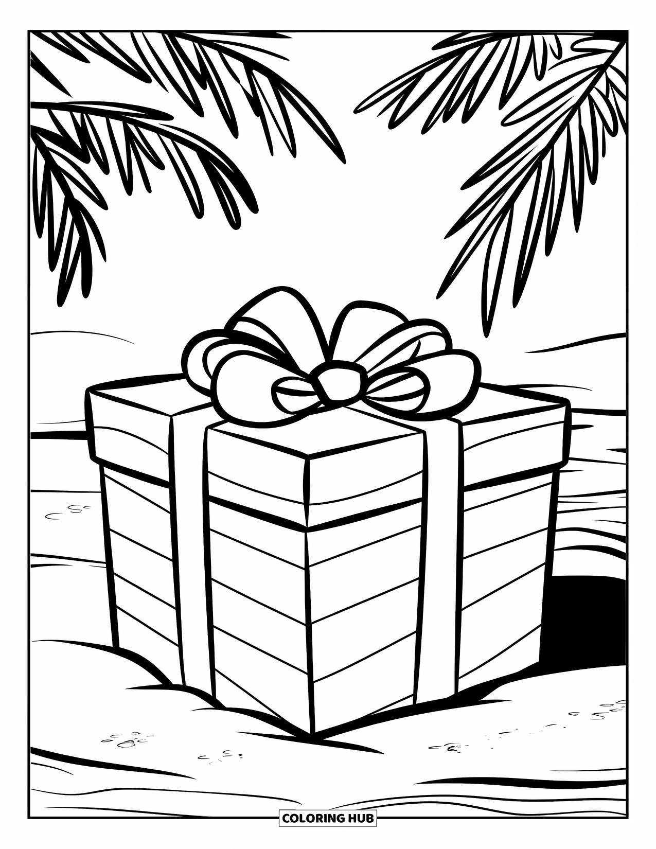 Christmas In July Coloring Page for Kids: A giant wrapped present with a bow sits on the sandy beach