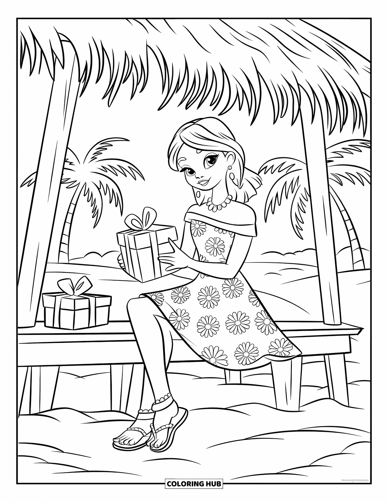 Christmas In July Coloring Page for Kids: A girl in a floral dress wraps gifts under a tiki hut on the sand