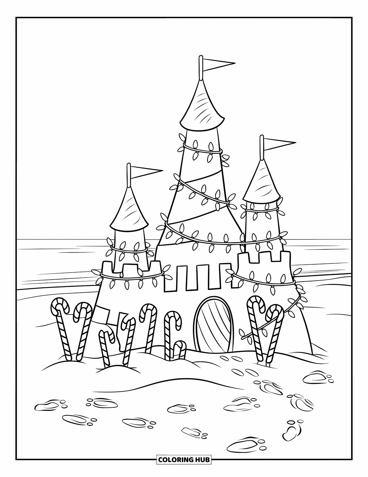 Christmas In July Coloring Page for Kids: A glowing sandcastle wrapped in lights and candy canes under the stars