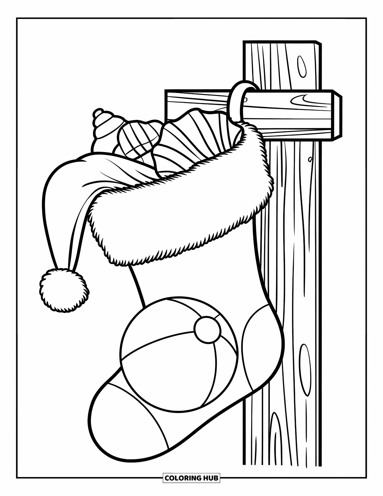 Christmas In July Coloring Page for Kids: A large stocking stuffed with seashells hangs from a wooden pole