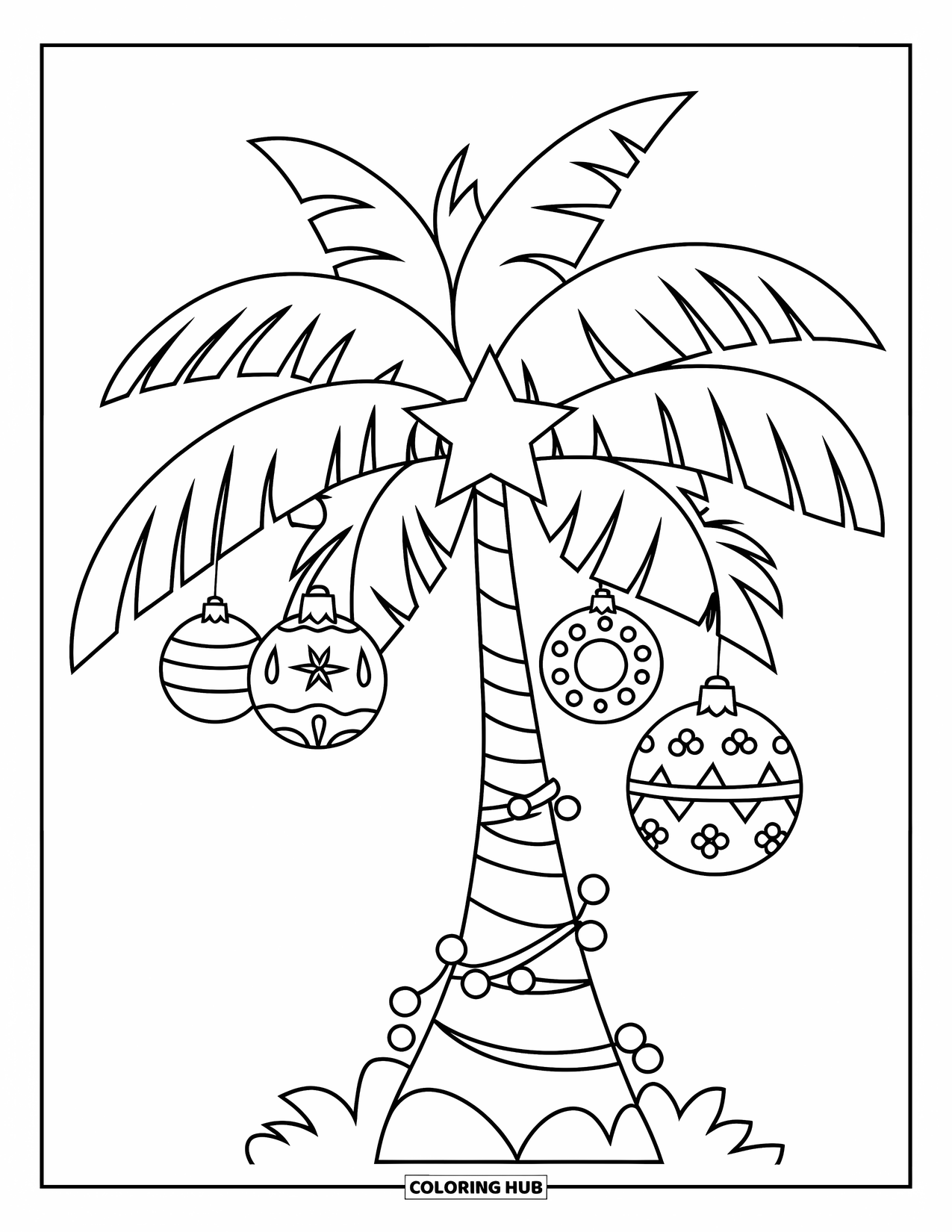 Christmas In July Coloring Page for Kids: A palm tree with ornaments and a star shines bright on white sand