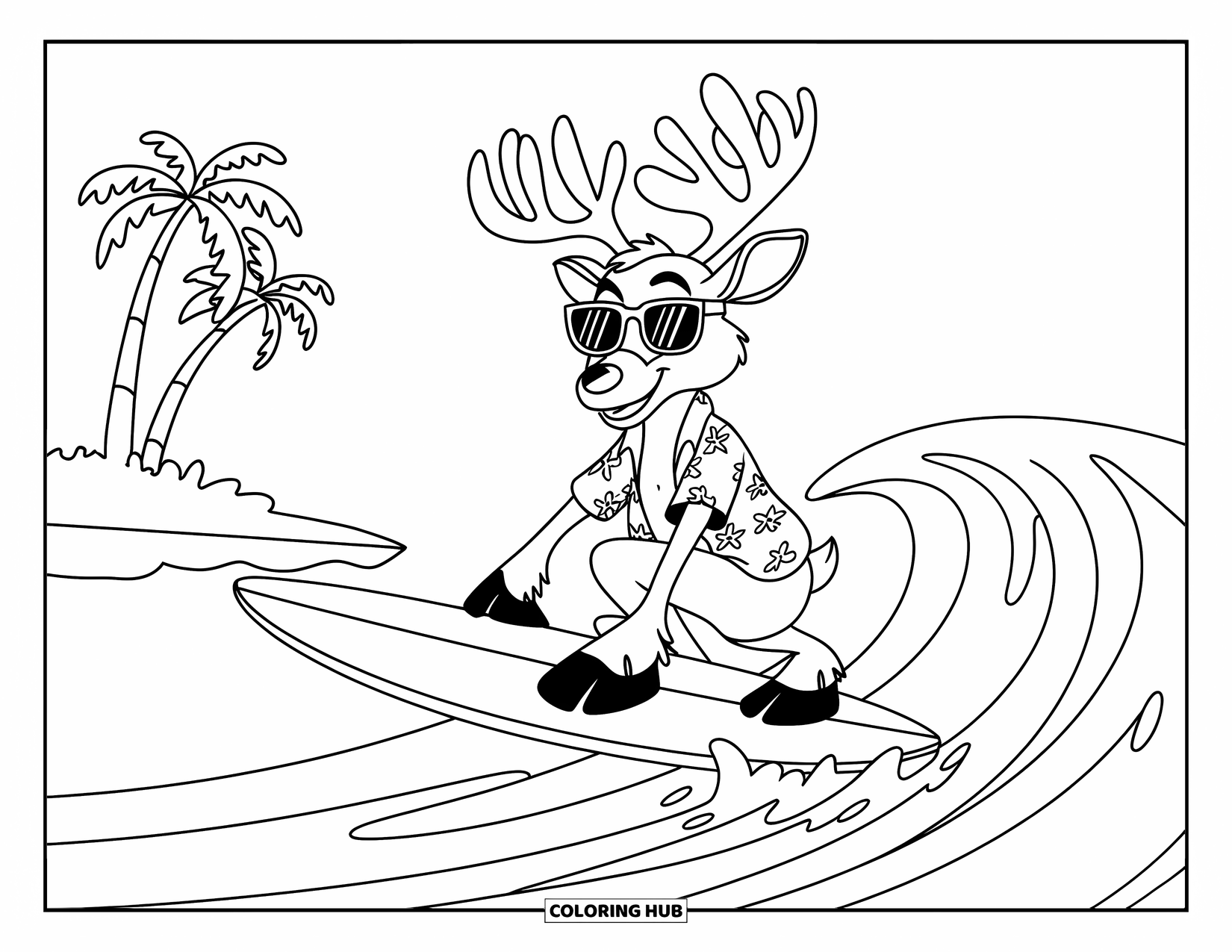 Christmas In July Coloring Page for Kids: A reindeer surfs waves in a Hawaiian shirt near a tropical island
