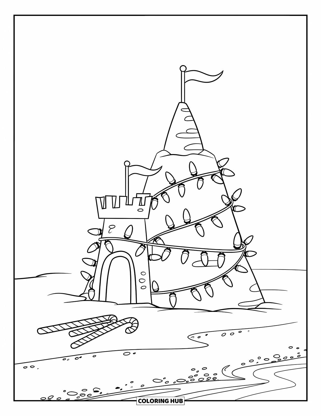 Christmas In July Coloring Page for Kids: A sandcastle with towers, candy canes, and lights stands near the ocean