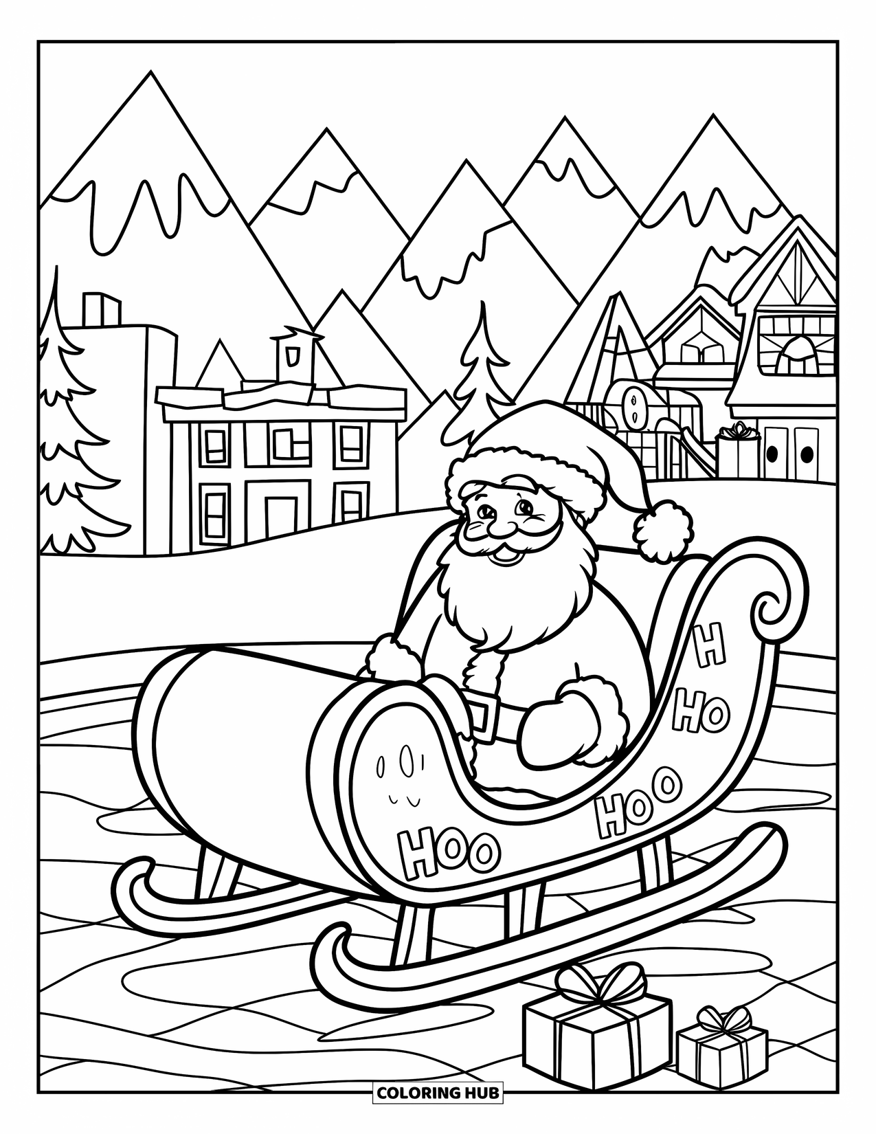 Christmas In July Coloring Page for Kids: A smiling Santa relaxes on a sleigh pool float surrounded by presents