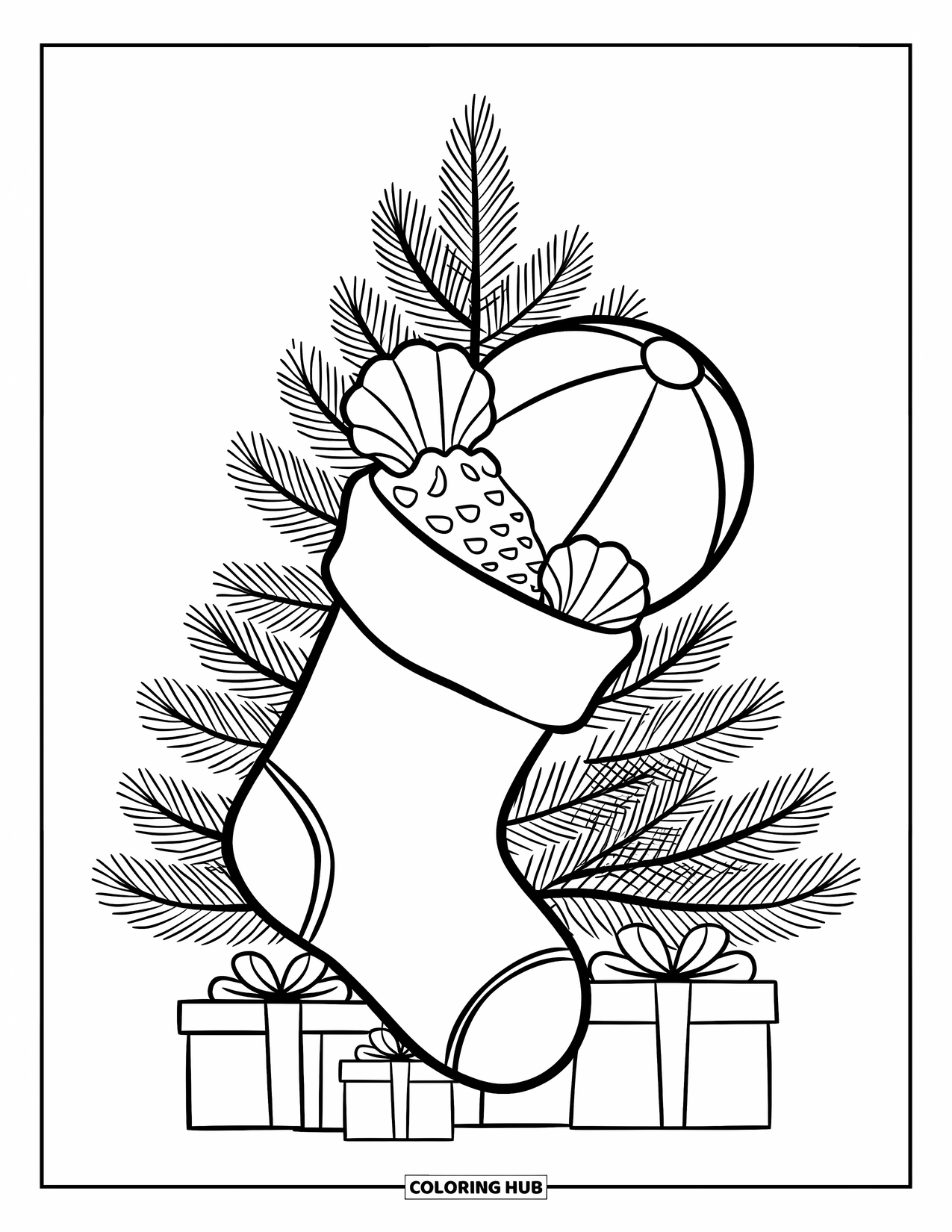 Christmas In July Coloring Page for Kids: A stocking of seashells and gifts hangs by a tree with presents below