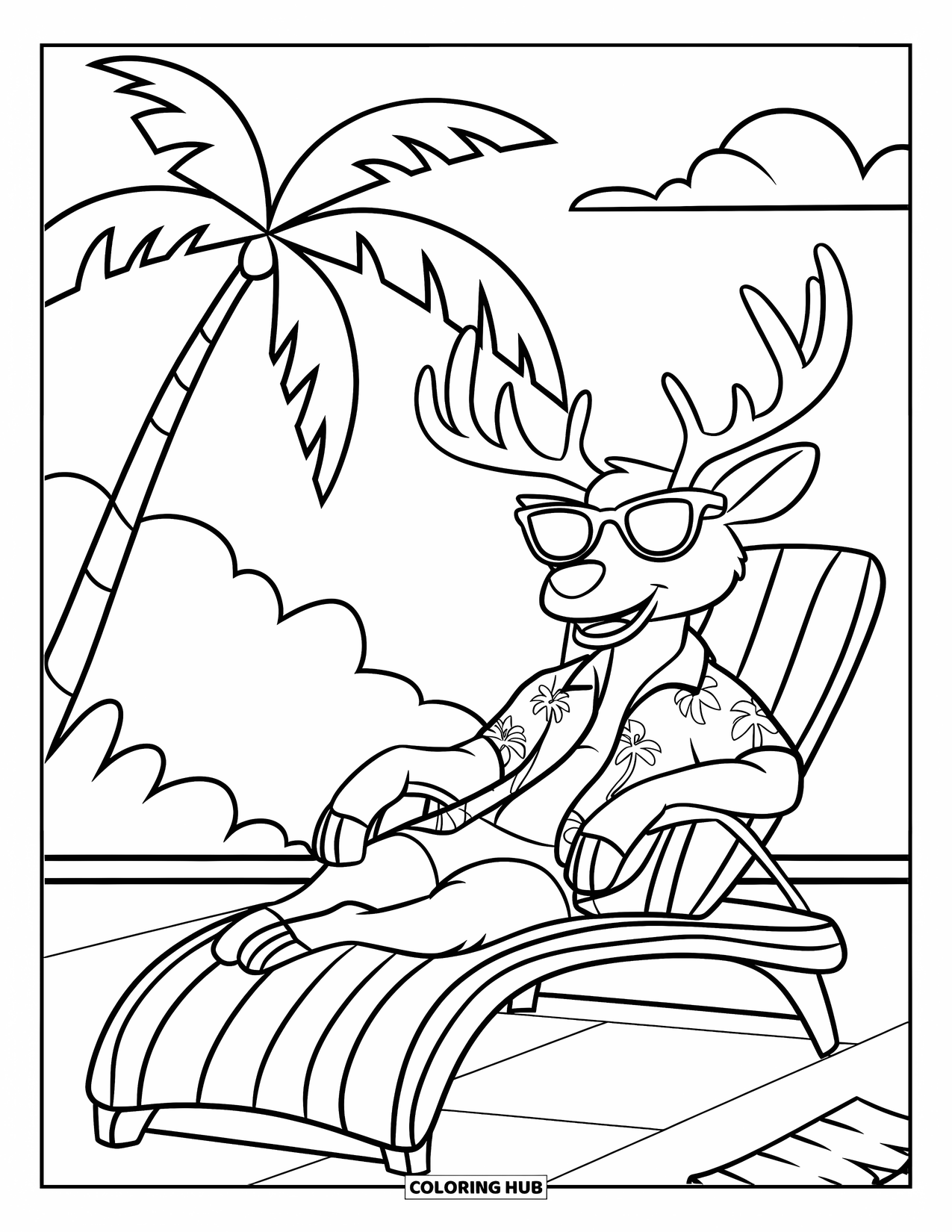 Christmas In July Coloring Page for Kids: A stylish reindeer in shades relaxes on a chair by palm trees
