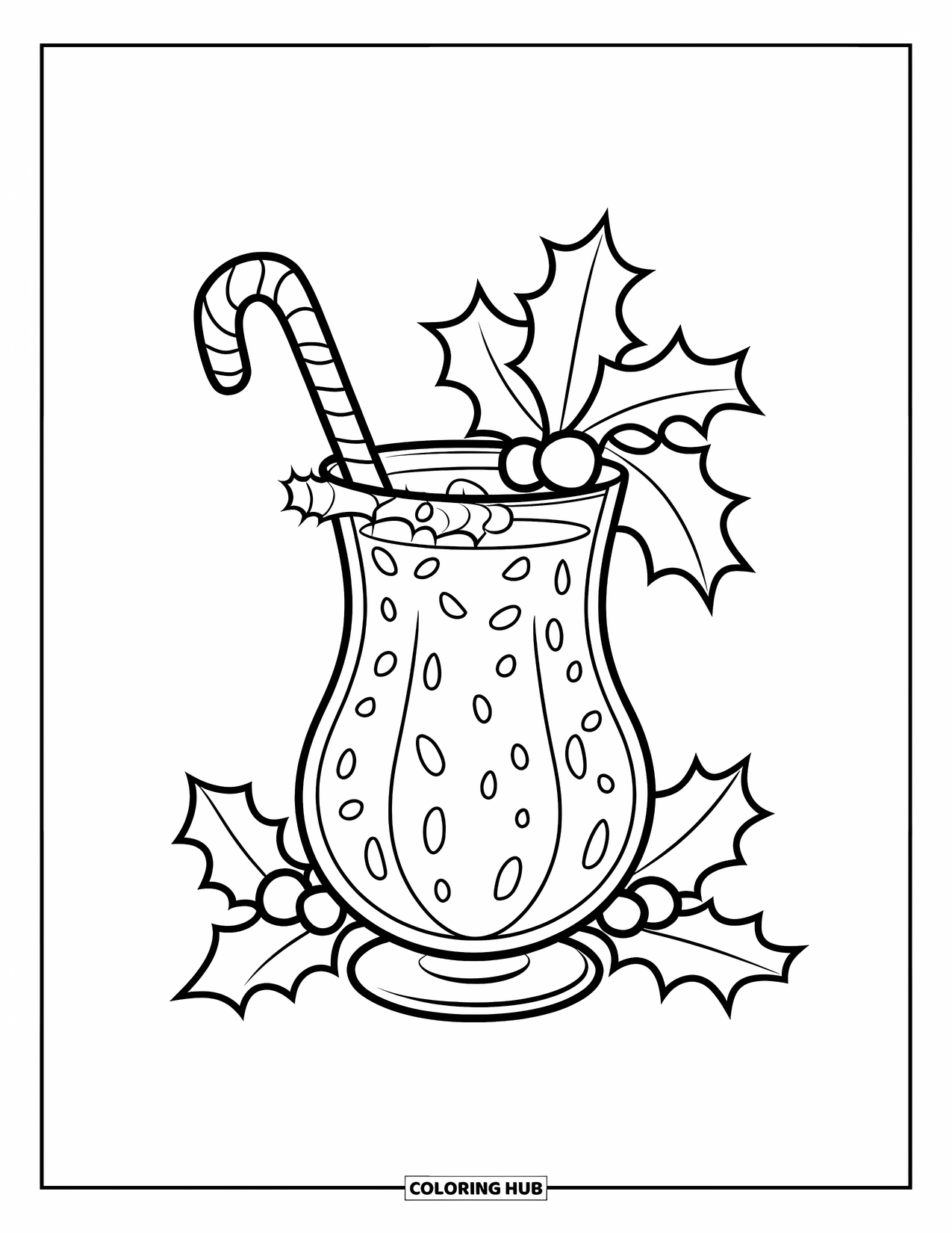 Christmas In July Coloring Page for Kids: A tropical drink with a candy cane stirrer and holly leaves on top
